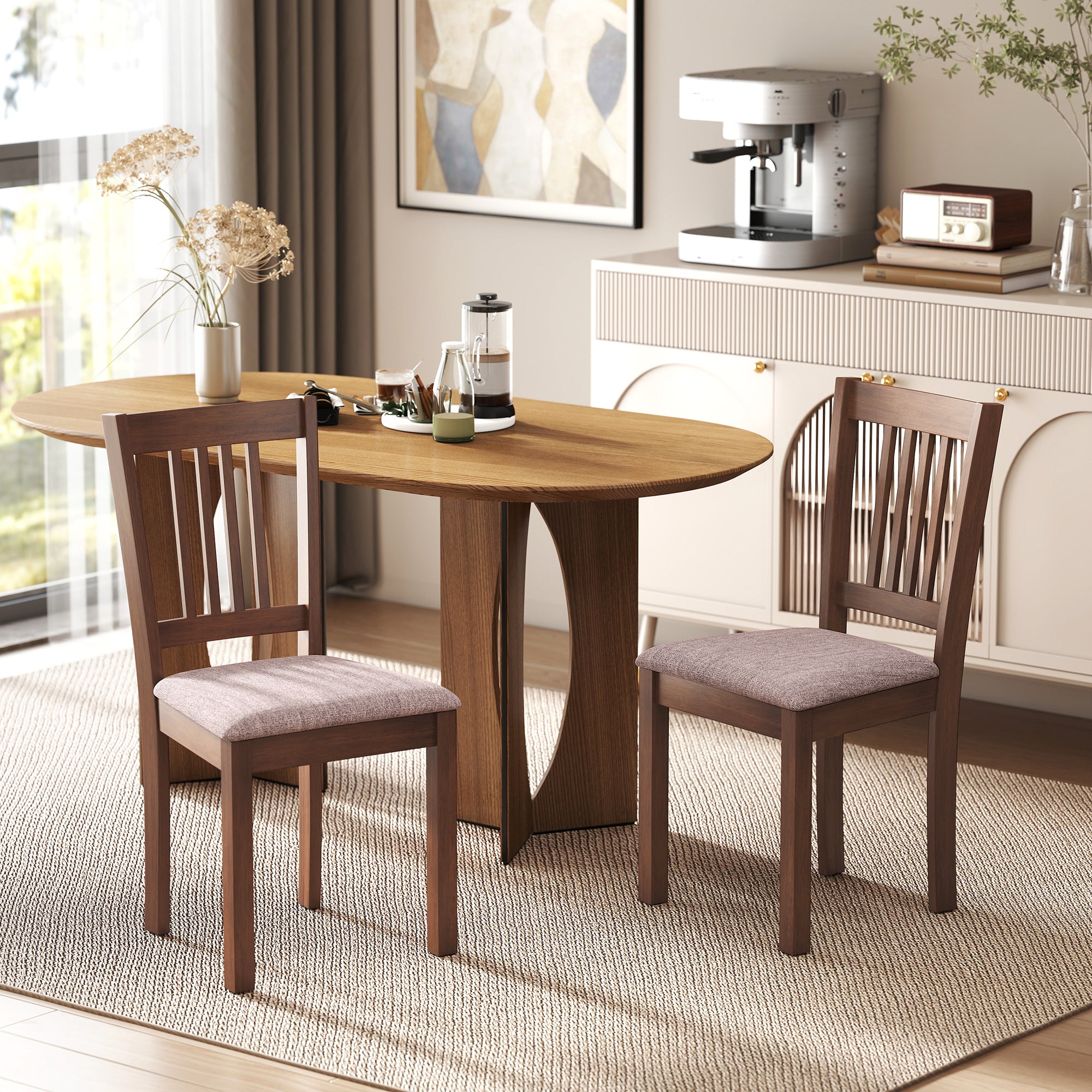 Modern Dining Chairs Set of 2, Linen Fabric Upholstered Kitchen Chairs with Rubberwood Legs for Dining Room, Living Room, Brown and Light Brown