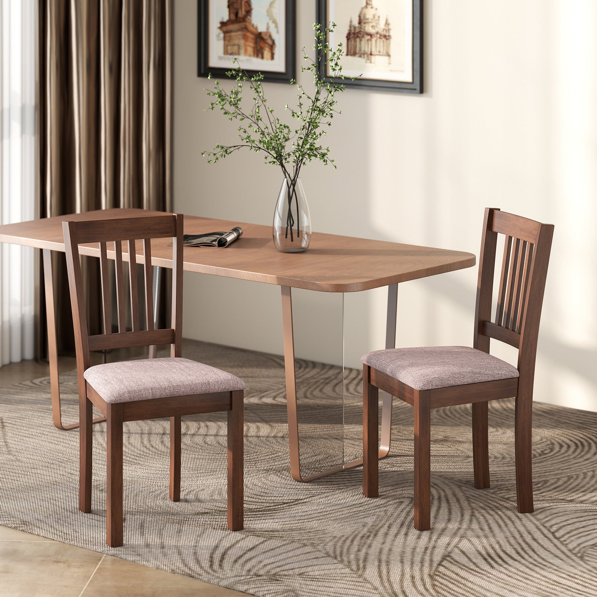 Modern Dining Chairs Set of 2, Linen Fabric Upholstered Kitchen Chairs with Rubberwood Legs for Dining Room, Living Room, Brown and Light Brown