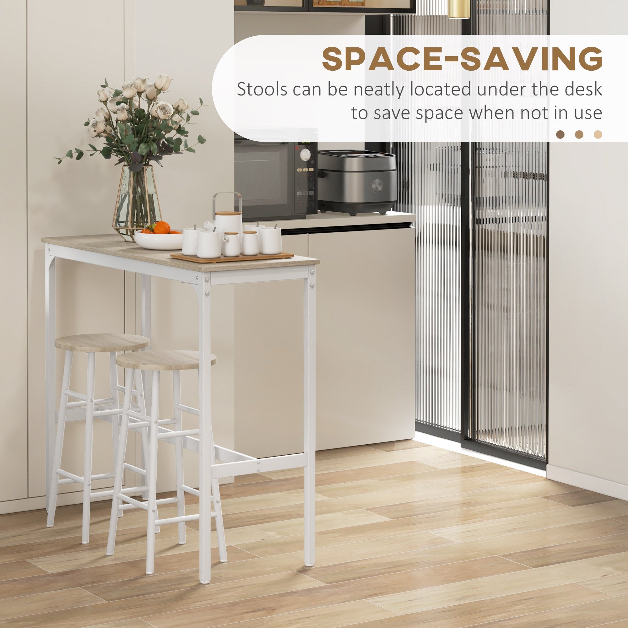 3 Piece Bar Table Set with 2 Stools, Industrial Bar Table and Stool Set, Dining Table and Chair Set for Small Space, Oak