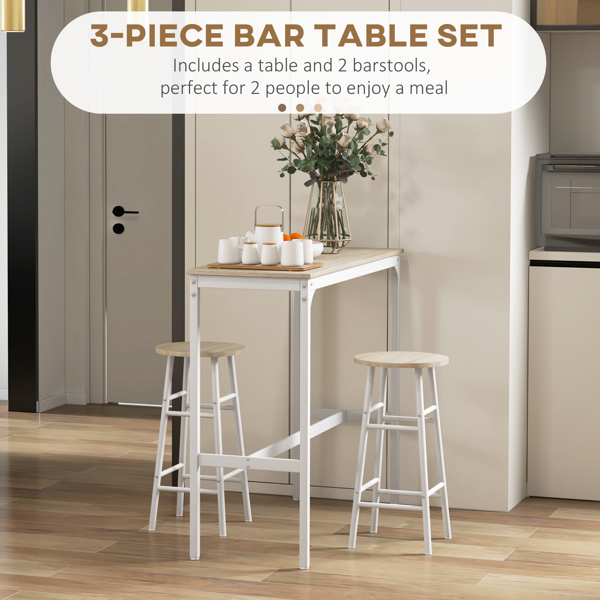 3 Piece Bar Table Set with 2 Stools, Industrial Bar Table and Stool Set, Dining Table and Chair Set for Small Space, Oak
