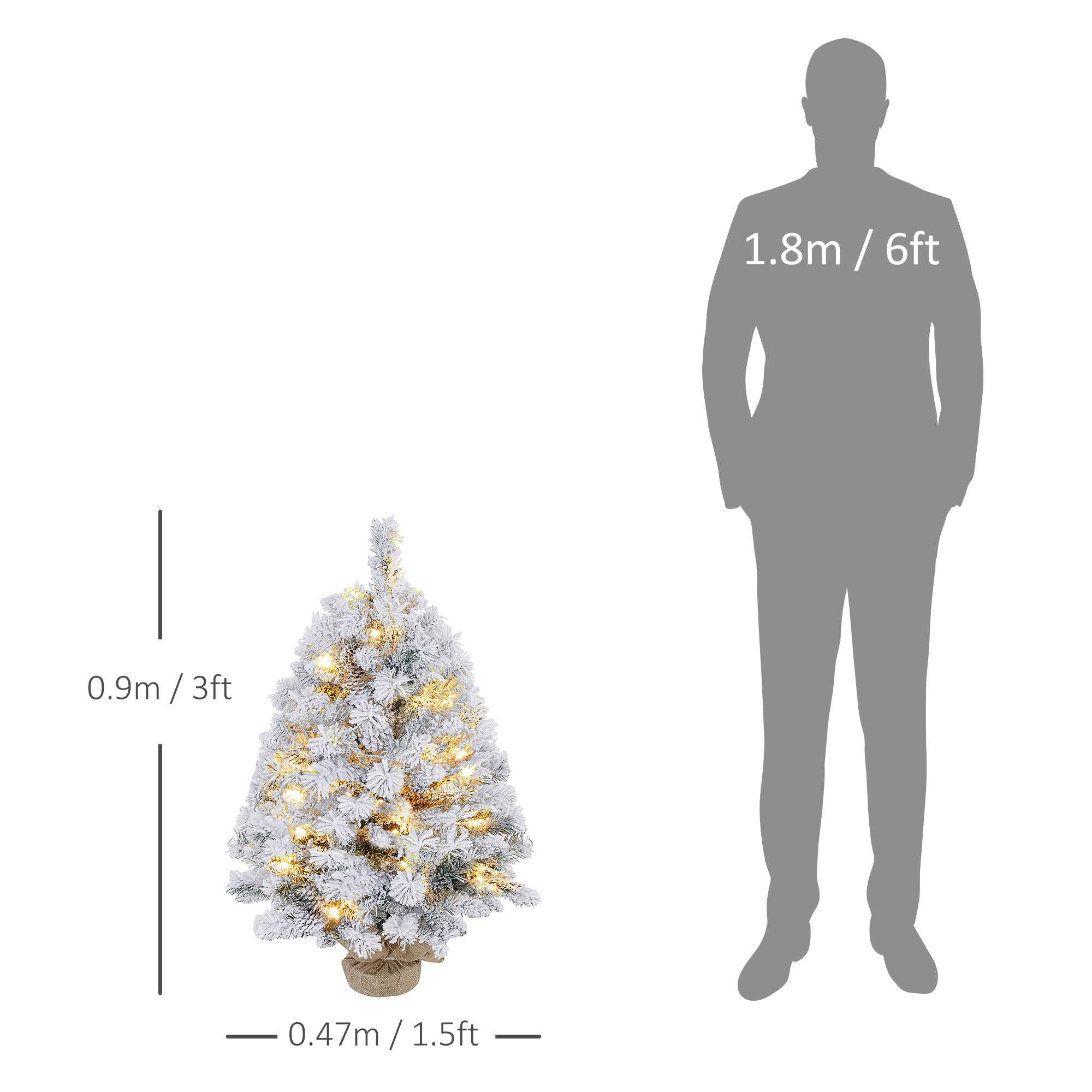 HOMCOM 3ft Prelit Artificial Christmas Tree with Warm White LED Light and 133 Tips, Concrete Base, Flocked Xmas Tree with Pine Cones, Green