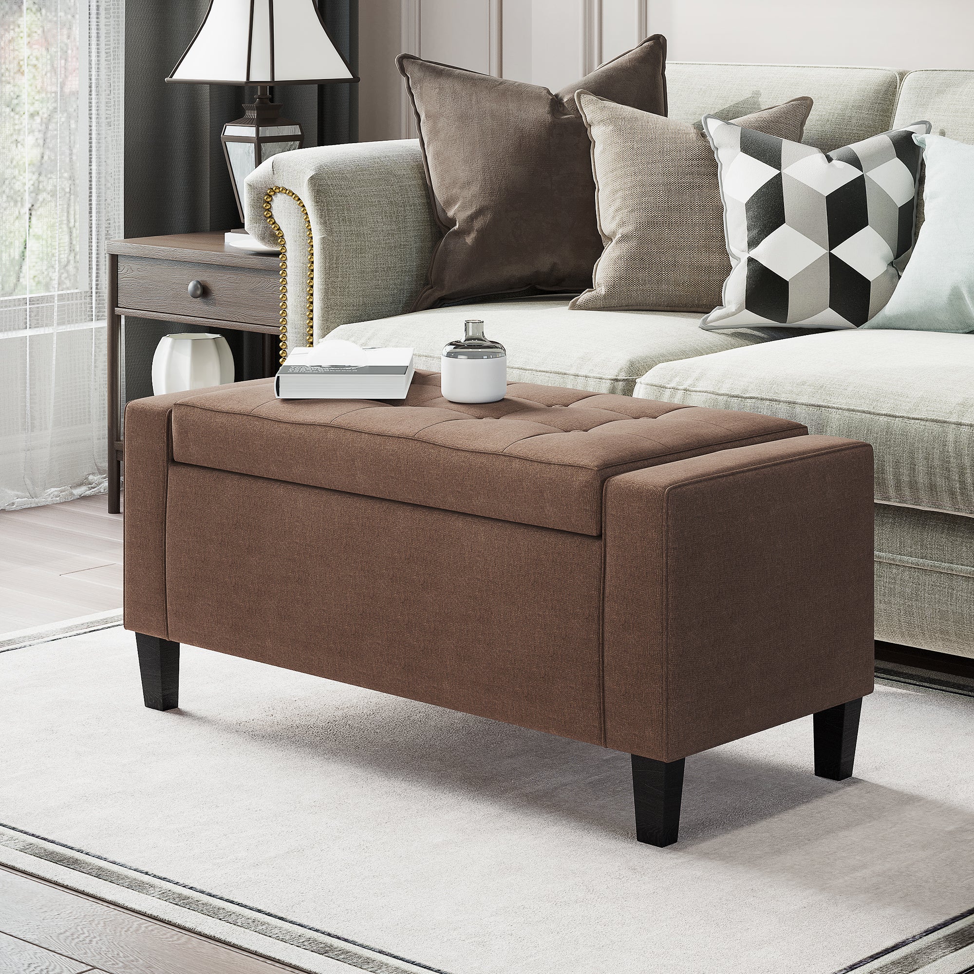 Upholstered Storage Ottoman Bench with Hidden Storage & Lift Top, Dark Brown