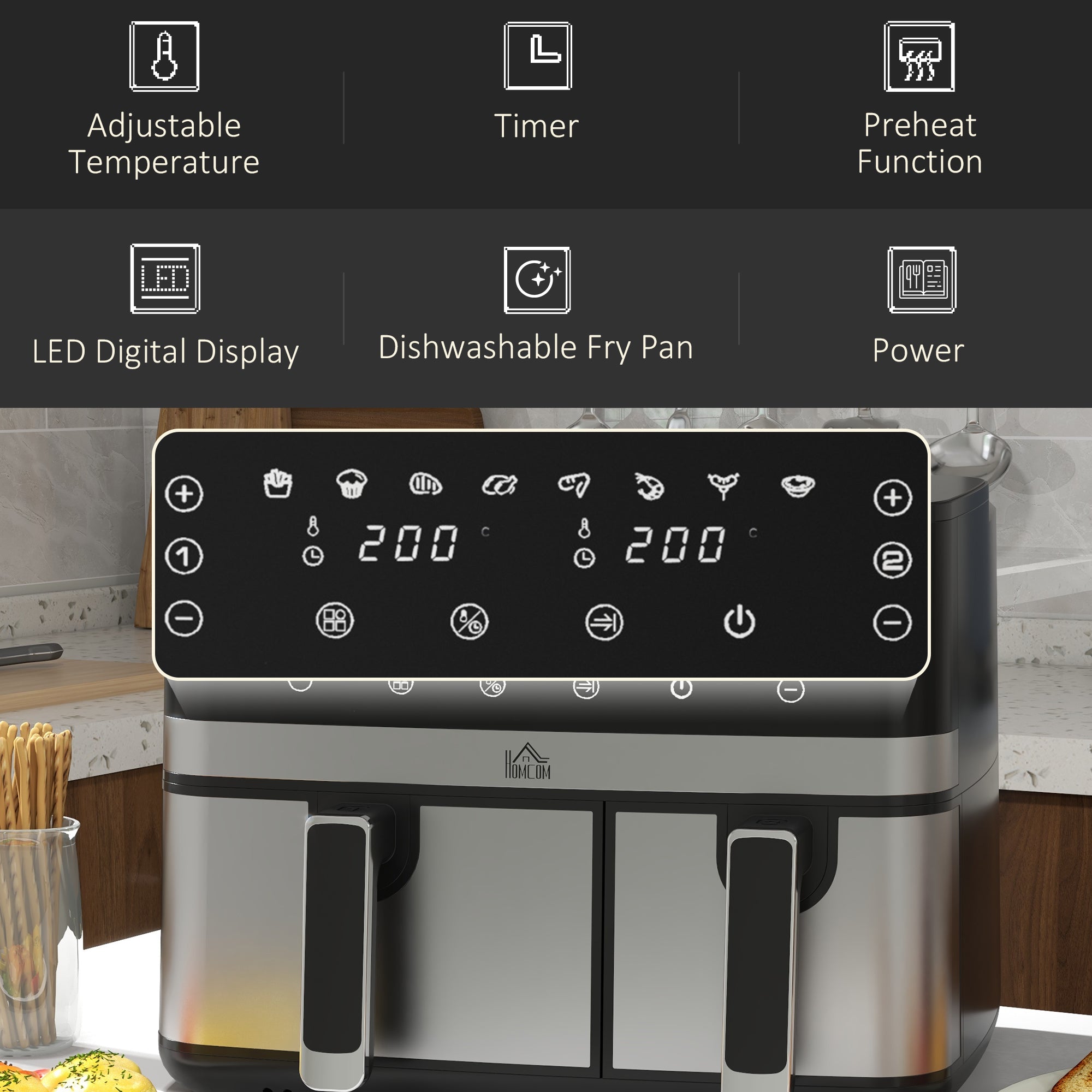 HOMCOM Dual Air Fryer, 8.5L Family Size Double Air Fryer Oven with 8-In-1 Presets, Smart Finish, Digital Display, Recipe, Timer for Oil Free & Low Fat Healthy Cooking, 2700W