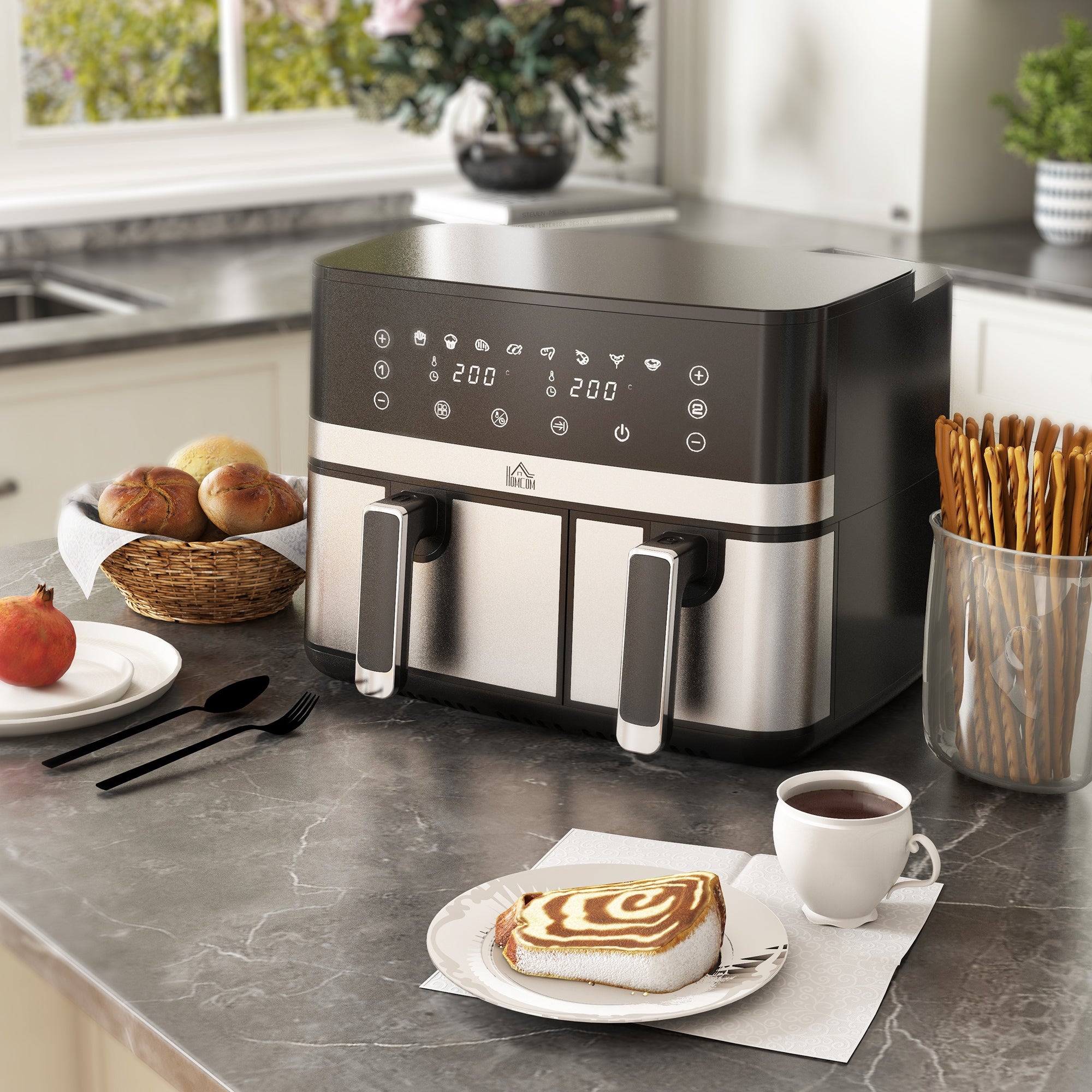 HOMCOM Dual Air Fryer, 8.5L Family Size Double Air Fryer Oven with 8-In-1 Presets, Smart Finish, Digital Display, Recipe, Timer for Oil Free & Low Fat Healthy Cooking, 2700W