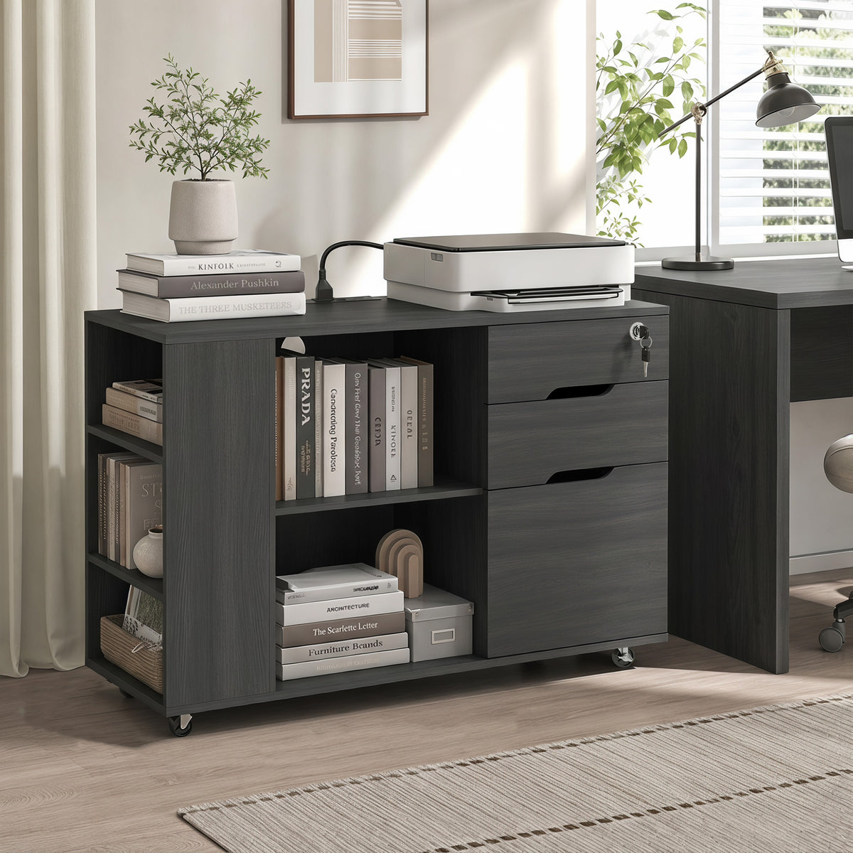 Lateral File Cabinet with Power Outlets, Drawers, Mobile Filing Cabinets, Cubbies, Shelves, Home Office Printer Stand, for A4, Letter Files, Home Office, Black Wood Grain