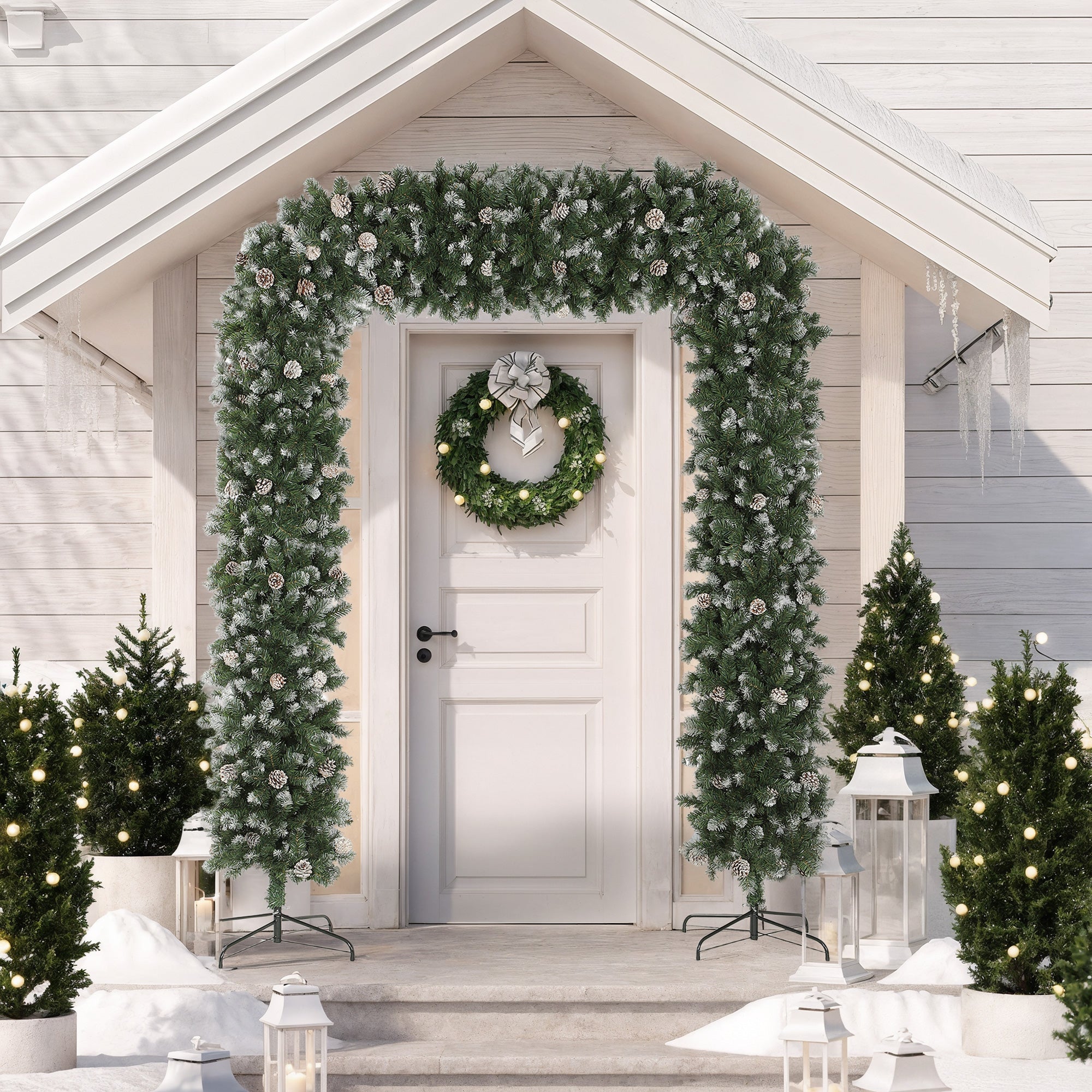 8.2 ft Snow Frosted Christmas Tree Arch, Christmas Arch Doorway Decor with 1800 Tips and 91 Pinecones, Artificial Xmas Tree with Metal Stand for Indoor, Green