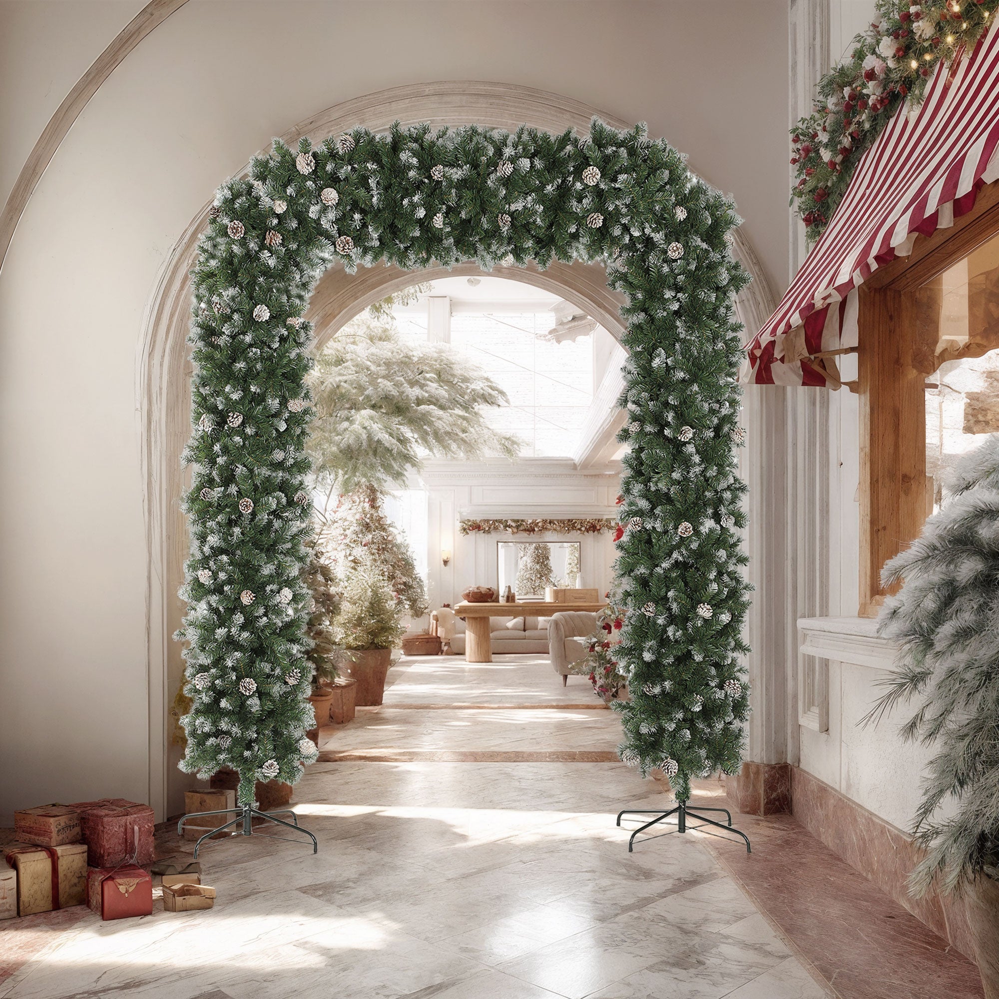 8.2 ft Snow Frosted Christmas Tree Arch, Christmas Arch Doorway Decor with 1800 Tips and 91 Pinecones, Artificial Xmas Tree with Metal Stand for Indoor, Green