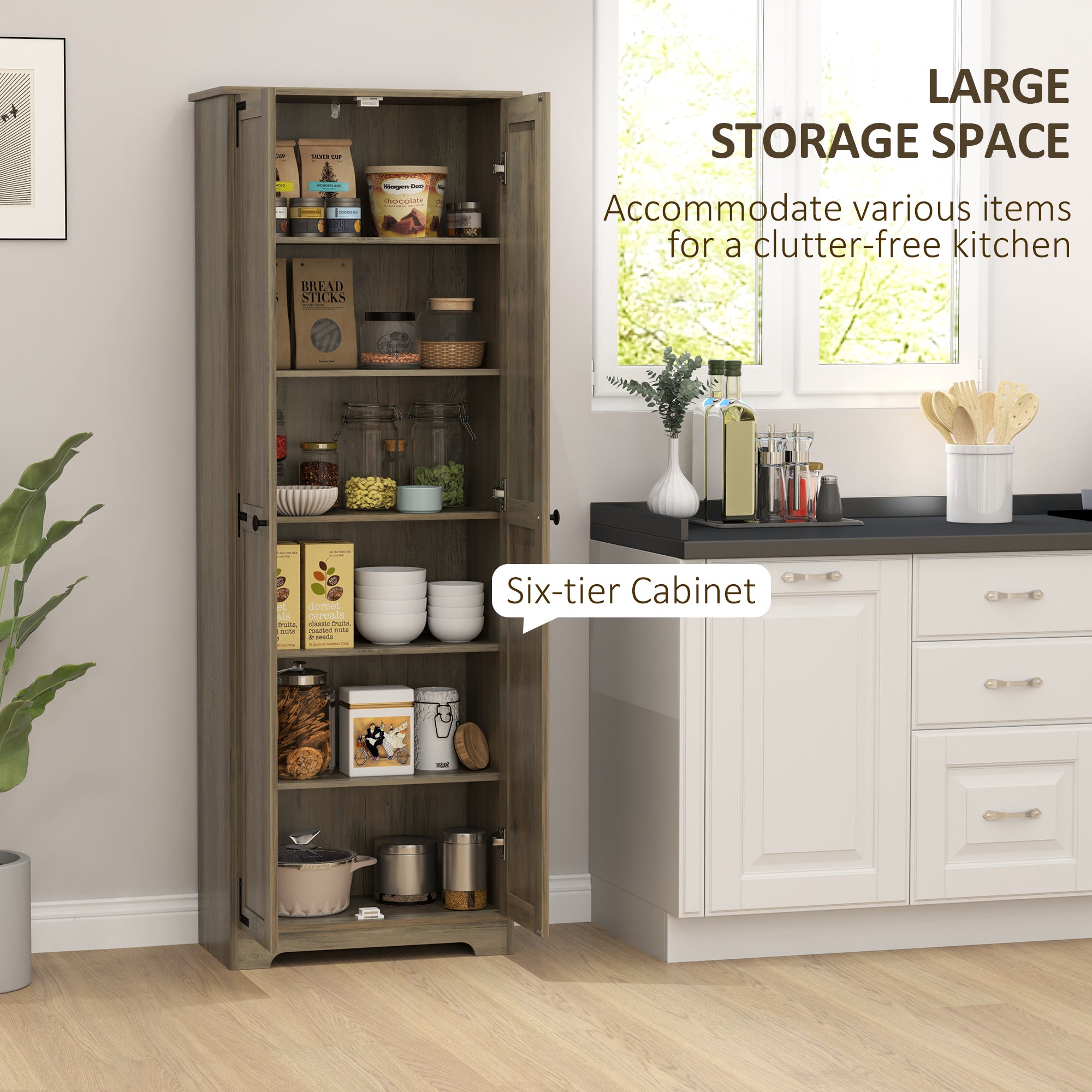 67" Farmhouse Pantry Cabinet, Freestanding Kitchen Pantry Storage Cabinet with Adjustable Shelves, Tall Storage Cupboard with Recessed Doors, Distressed Gray