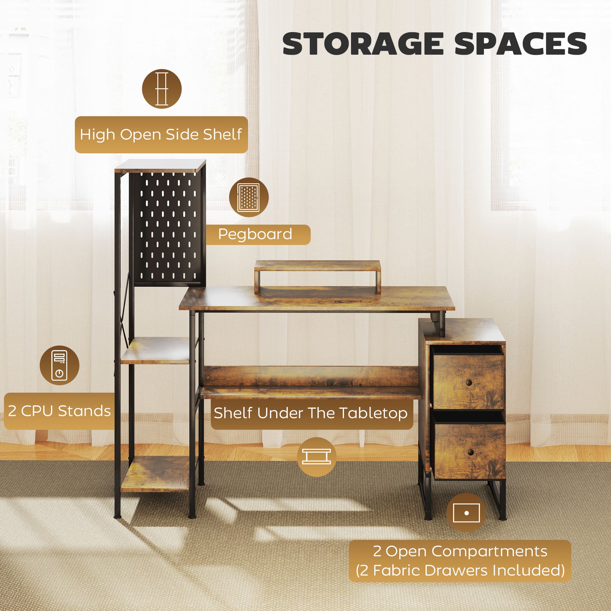 HOMCOM 56" Gaming Desk with Power Outlets and LED Lights, Computer Desk with Monitor Stand, 2 CPU Stands and Pegboard for Home Office, Rustic Brown