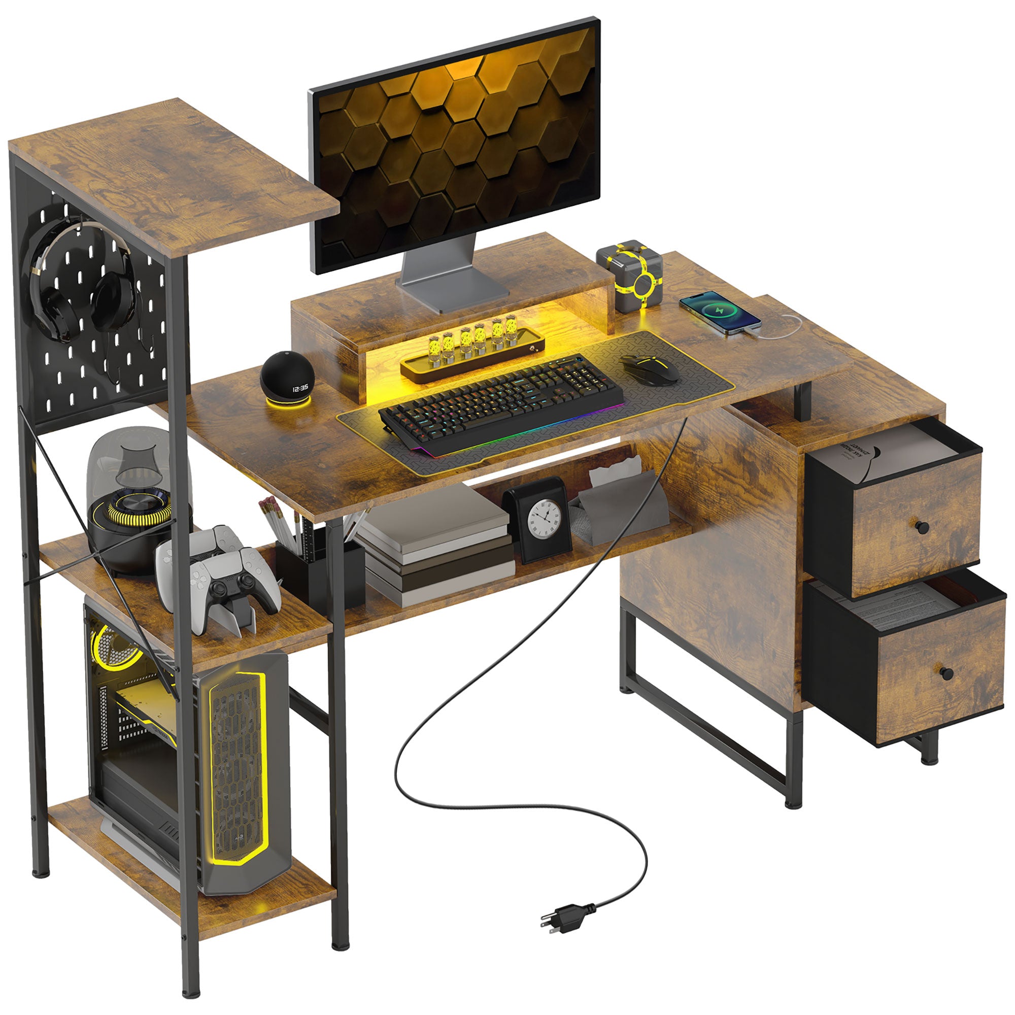 HOMCOM 56" Gaming Desk with Power Outlets and LED Lights, Computer Desk with Monitor Stand, 2 CPU Stands and Pegboard for Home Office, Rustic Brown
