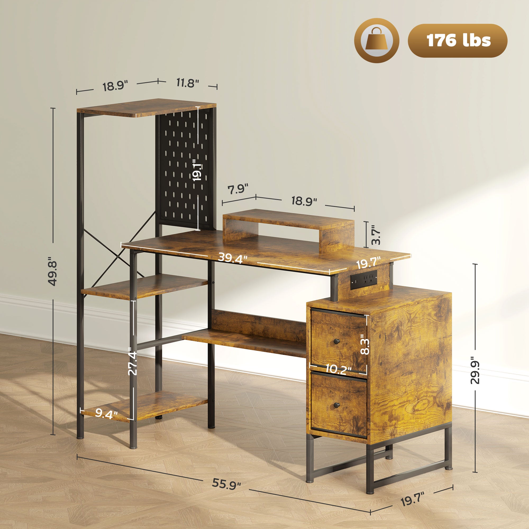 HOMCOM 56" Gaming Desk with Power Outlets and LED Lights, Computer Desk with Monitor Stand, 2 CPU Stands and Pegboard for Home Office, Rustic Brown