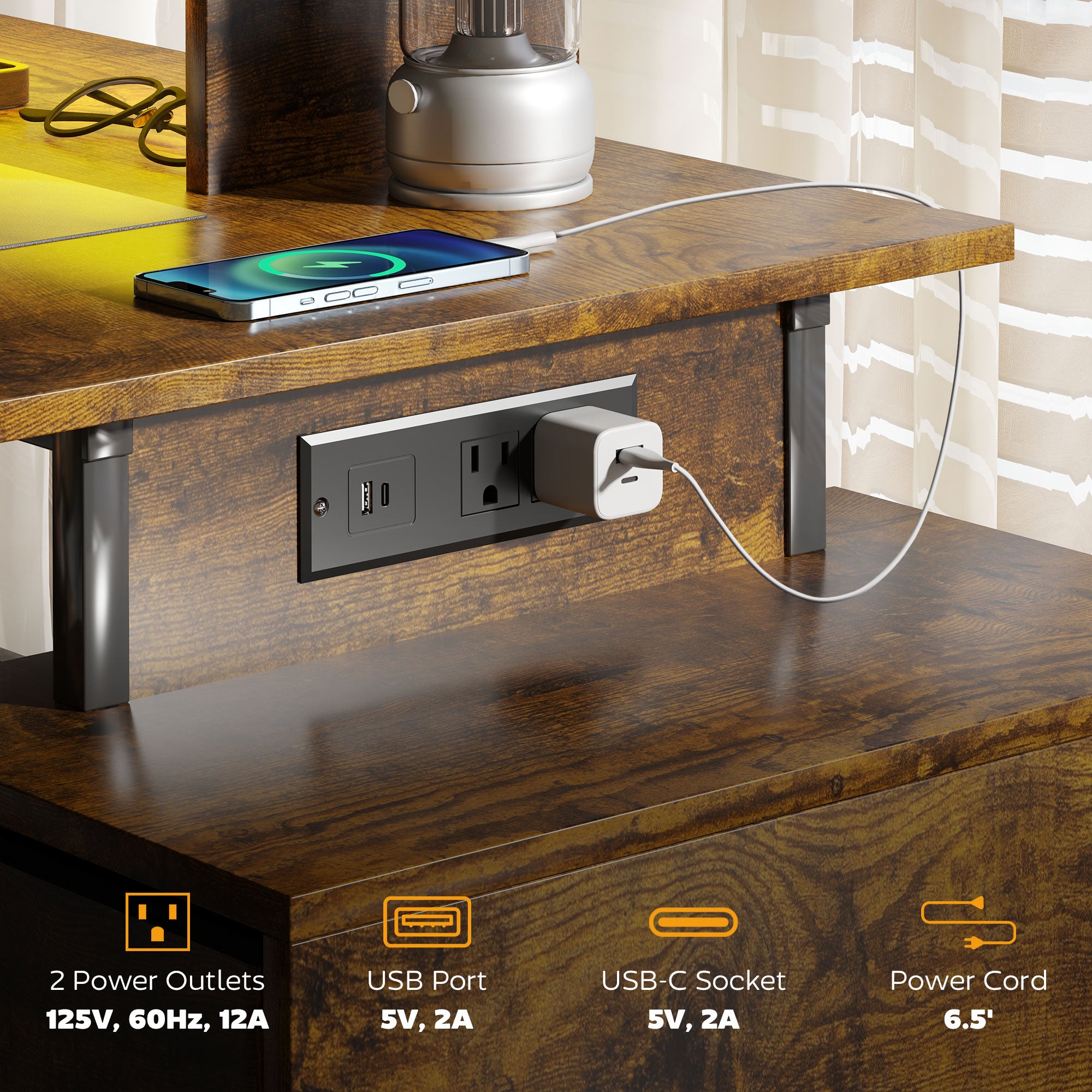 HOMCOM 56" Gaming Desk with Power Outlets and LED Lights, Computer Desk with Monitor Stand, 2 CPU Stands and Pegboard for Home Office, Rustic Brown