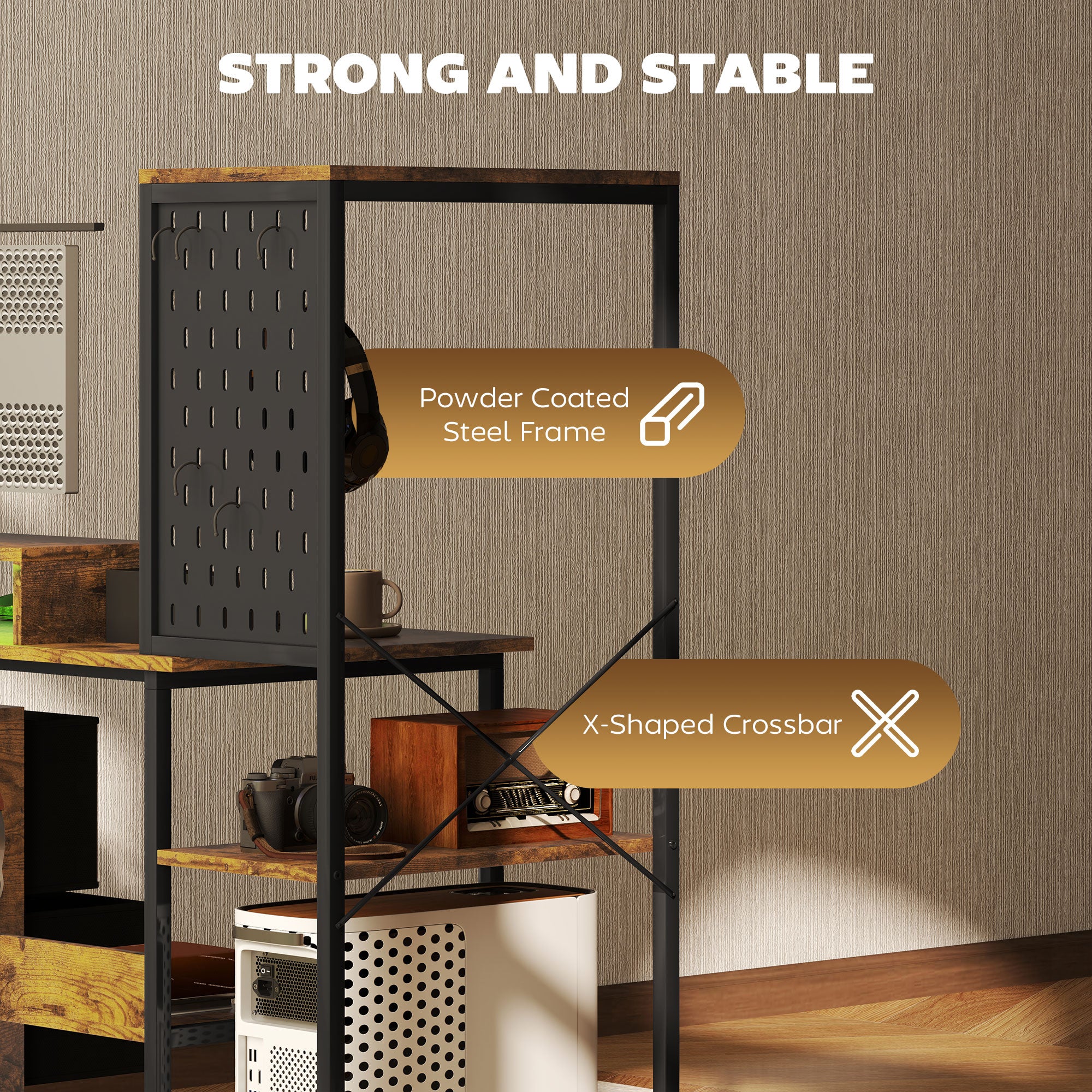 HOMCOM 56" Gaming Desk with Power Outlets and LED Lights, Computer Desk with Monitor Stand, 2 CPU Stands and Pegboard for Home Office, Rustic Brown