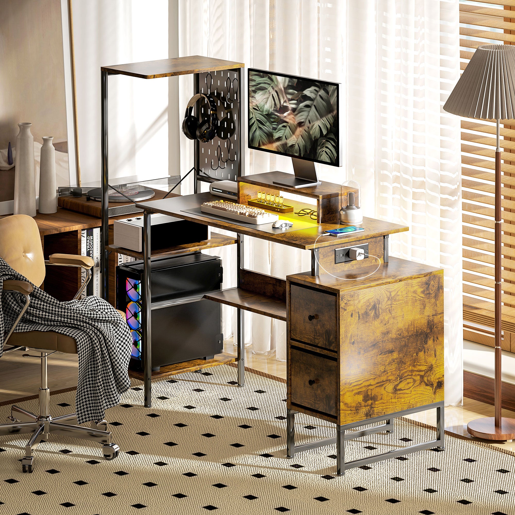 HOMCOM 56" Gaming Desk with Power Outlets and LED Lights, Computer Desk with Monitor Stand, 2 CPU Stands and Pegboard for Home Office, Rustic Brown