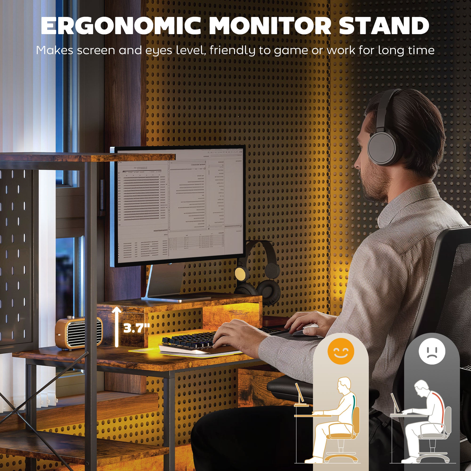 HOMCOM 56" Gaming Desk with Power Outlets and LED Lights, Computer Desk with Monitor Stand, 2 CPU Stands and Pegboard for Home Office, Rustic Brown