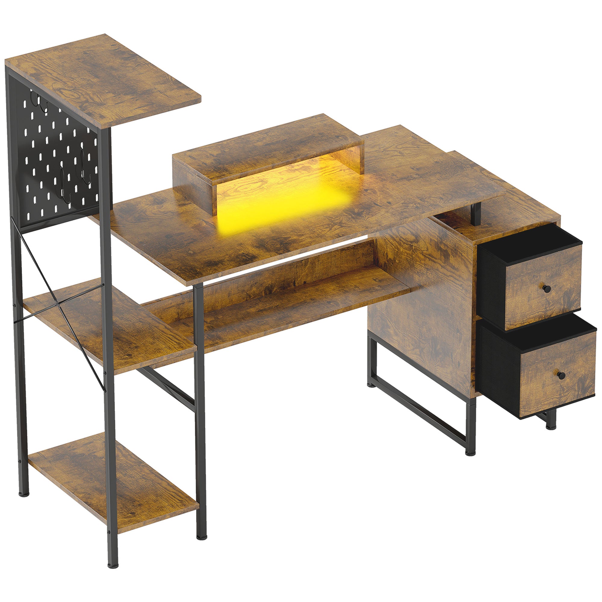 HOMCOM 56" Gaming Desk with Power Outlets and LED Lights, Computer Desk with Monitor Stand, 2 CPU Stands and Pegboard for Home Office, Rustic Brown