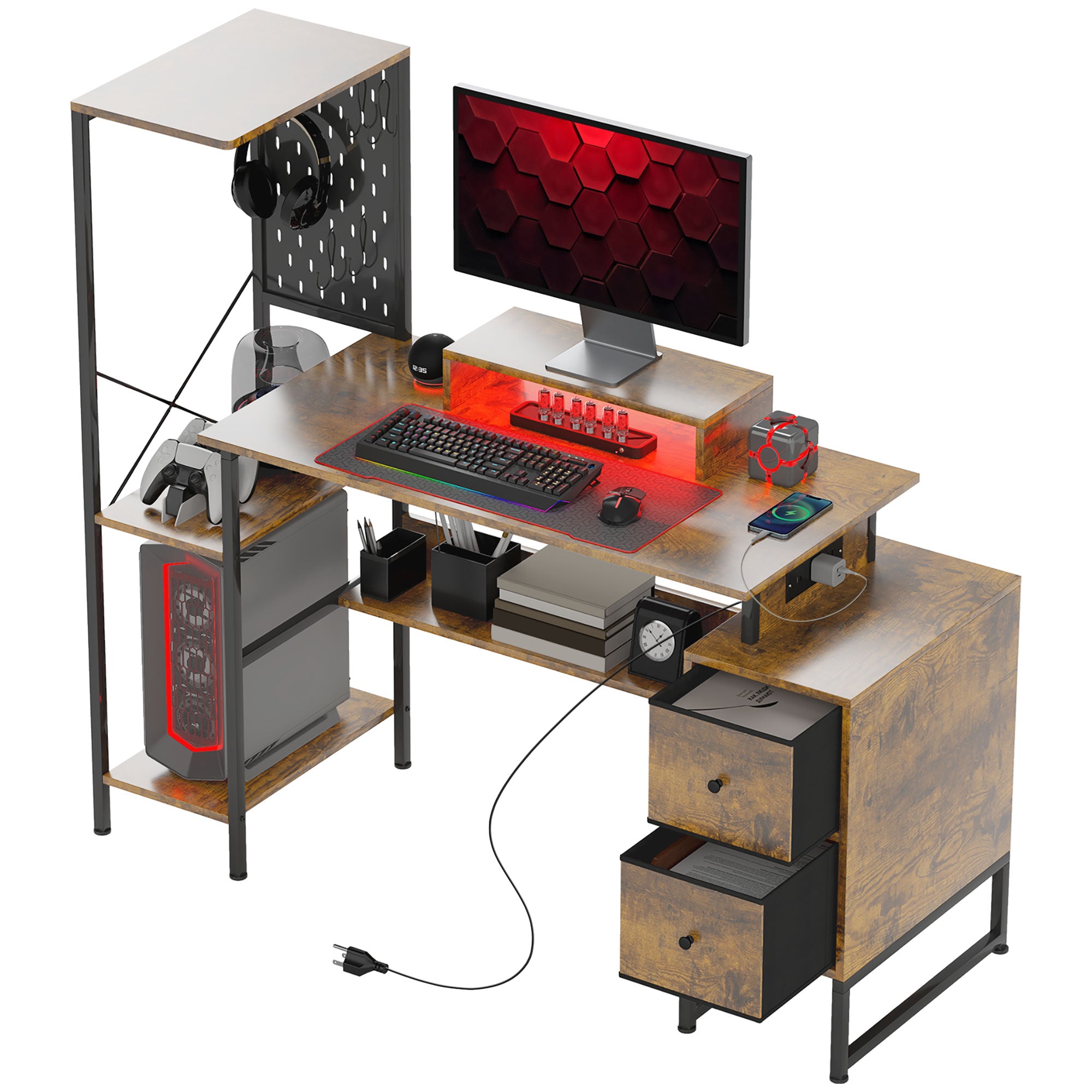 HOMCOM 56" Gaming Desk with Power Outlets and LED Lights, Computer Desk with Monitor Stand, 2 CPU Stands and Pegboard for Home Office, Rustic Brown