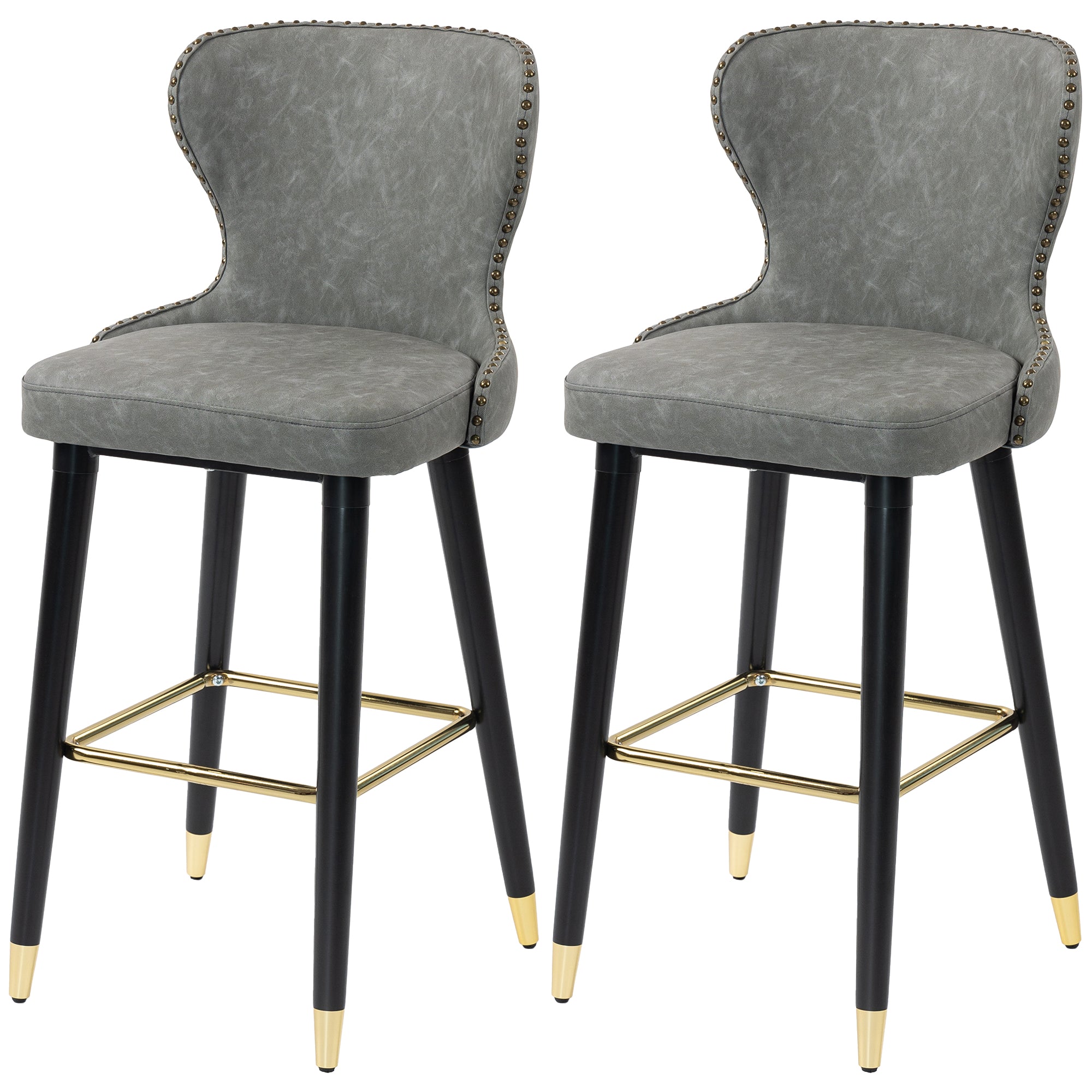 Bar Stools Set of 2, PU Leather Barstools with Backrest, Footrest and Solid Wood Legs, Dining Stools for Kitchen, Counter, Breakfast Bar, Grey