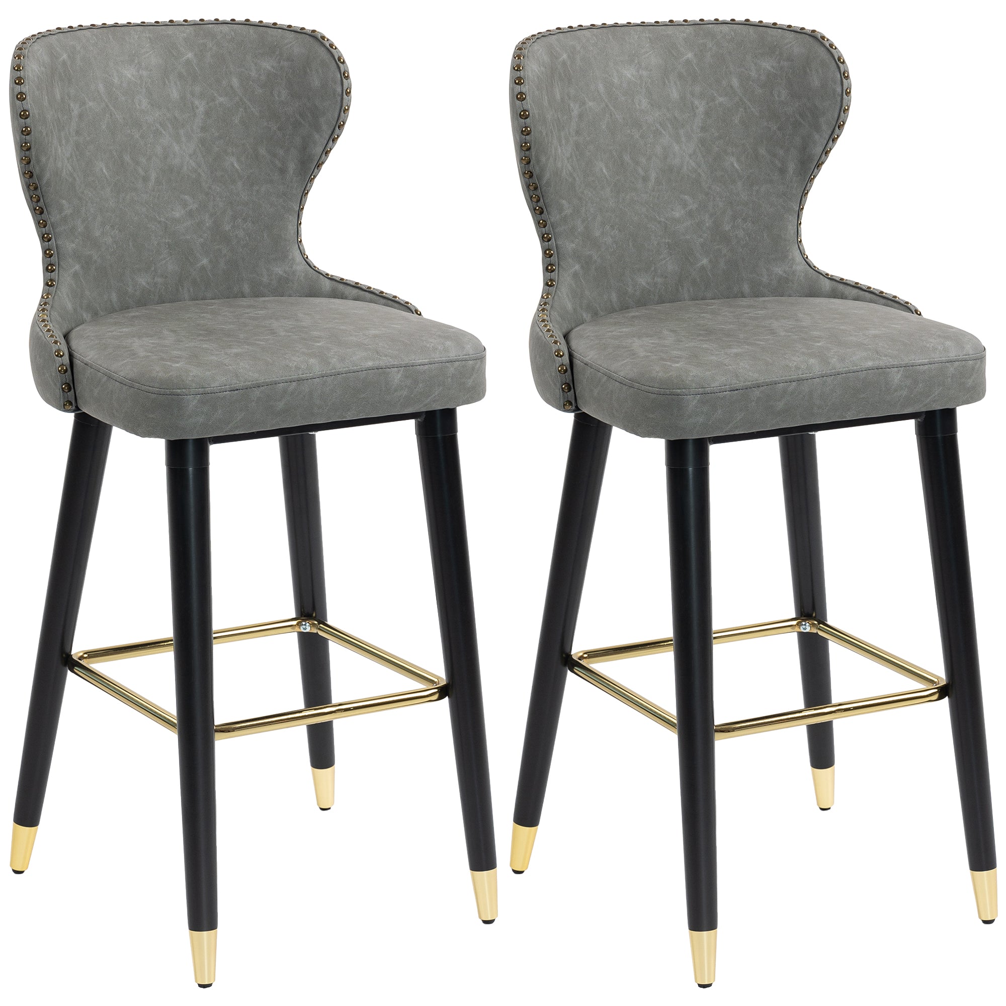 Bar Stools Set of 2, PU Leather Barstools with Backrest, Footrest and Solid Wood Legs, Dining Stools for Kitchen, Counter, Breakfast Bar, Grey