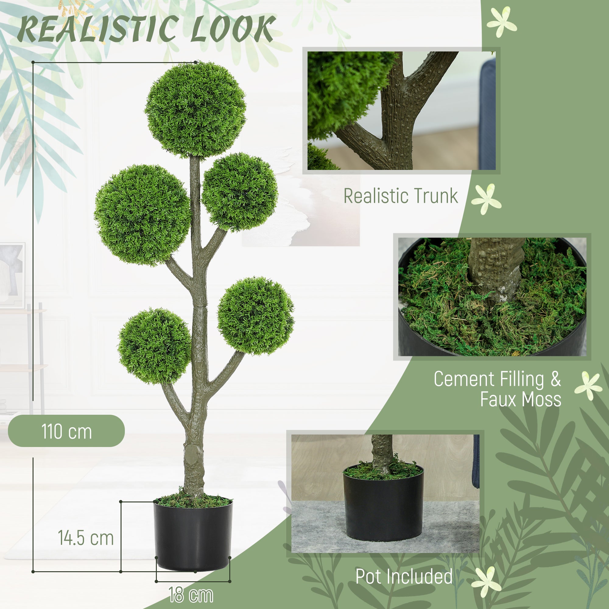 Decorative Artificial Plant, Topiary Five-ball Cypress Tree in Pot, Fake Plant for Home Indoor outdoor Decor, 43.3 Inch, Green