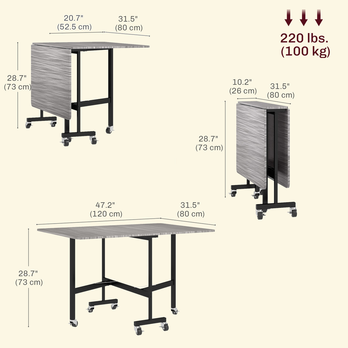 Mobile Drop Leaf Table, Folding Dining Table with 6 Wheels & Brakes, Rolling Kitchen Table for Small Spaces, 47.2", Grey