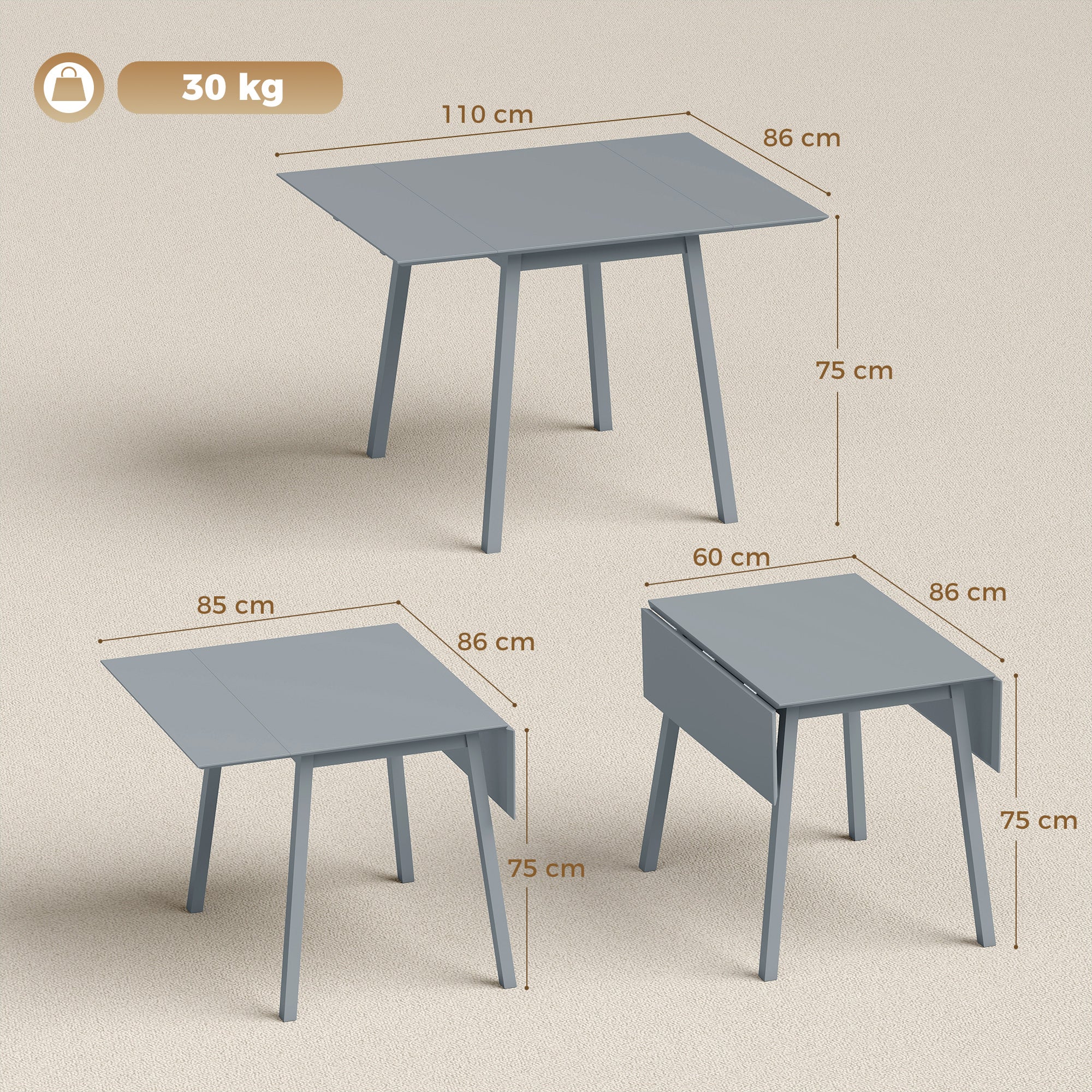 Solid Wood Folding Dining Table, Drop Leaf Table for 2-4 People, Rectangle Kitchen Table for Small Space, Grey