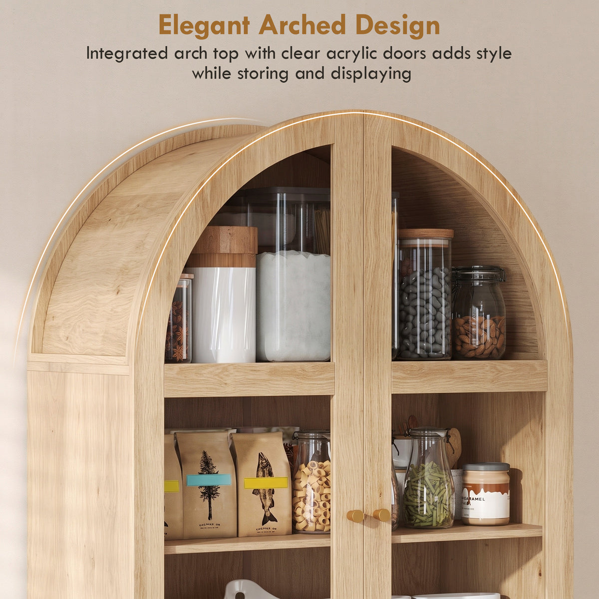 71" Tall Arched Kitchen Pantry Cabinet, Farmhouse Freestanding Kitchen Storage Cabinet with Adjustable Shelves, 2 Drawers, Acrylic Glass Doors for Dining Room, Oak Wood Grain