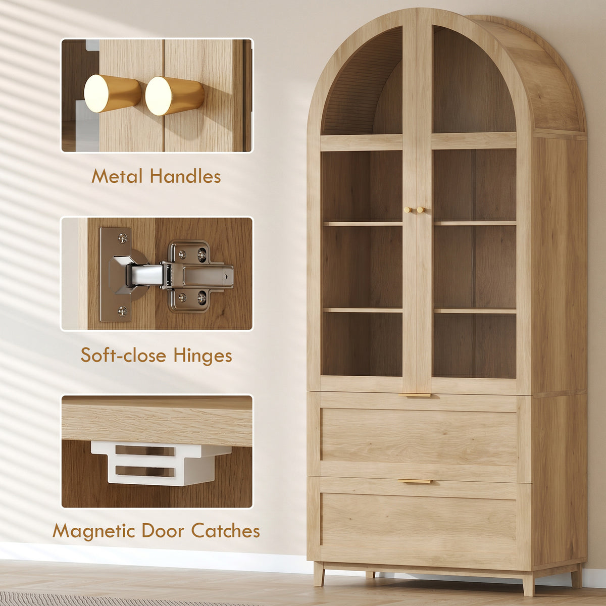 71" Tall Arched Kitchen Pantry Cabinet, Farmhouse Freestanding Kitchen Storage Cabinet with Adjustable Shelves, 2 Drawers, Acrylic Glass Doors for Dining Room, Oak Wood Grain
