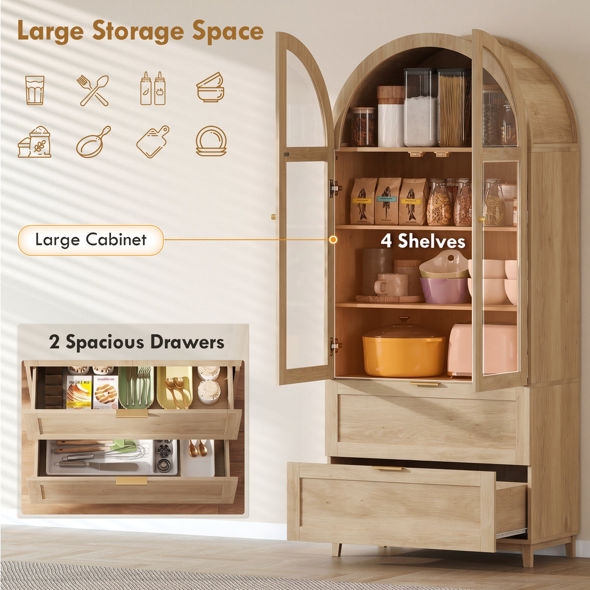 71" Tall Arched Kitchen Pantry Cabinet, Farmhouse Freestanding Kitchen Storage Cabinet with Adjustable Shelves, 2 Drawers, Acrylic Glass Doors for Dining Room, Oak Wood Grain
