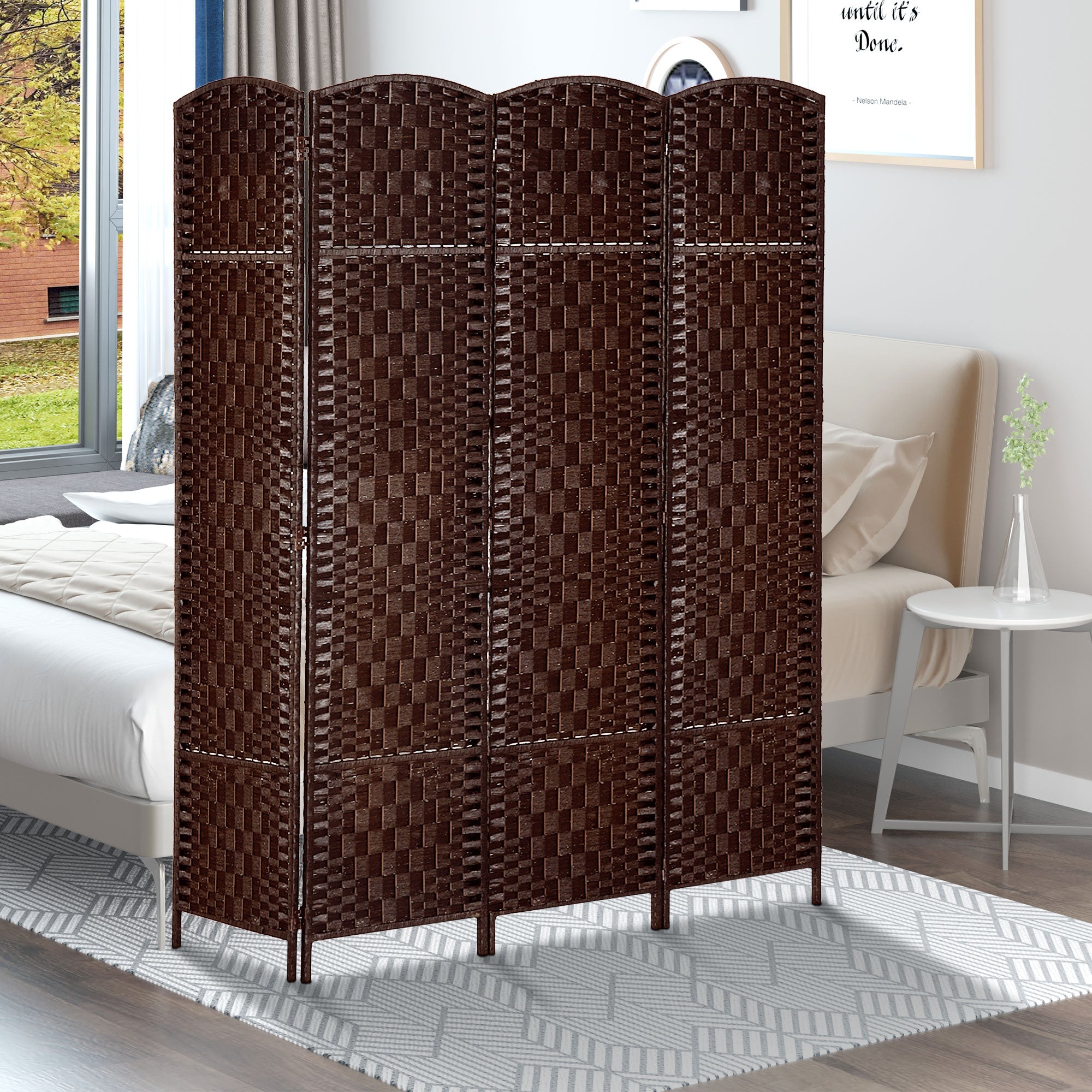 HOMCOM 4 Panels Room Divider, 6 Ft Tall Indoor Portable Folding Privacy Screens, Hand-Woven Double Hinged Freestanding Partition Wall Divider for Home Office, Brown