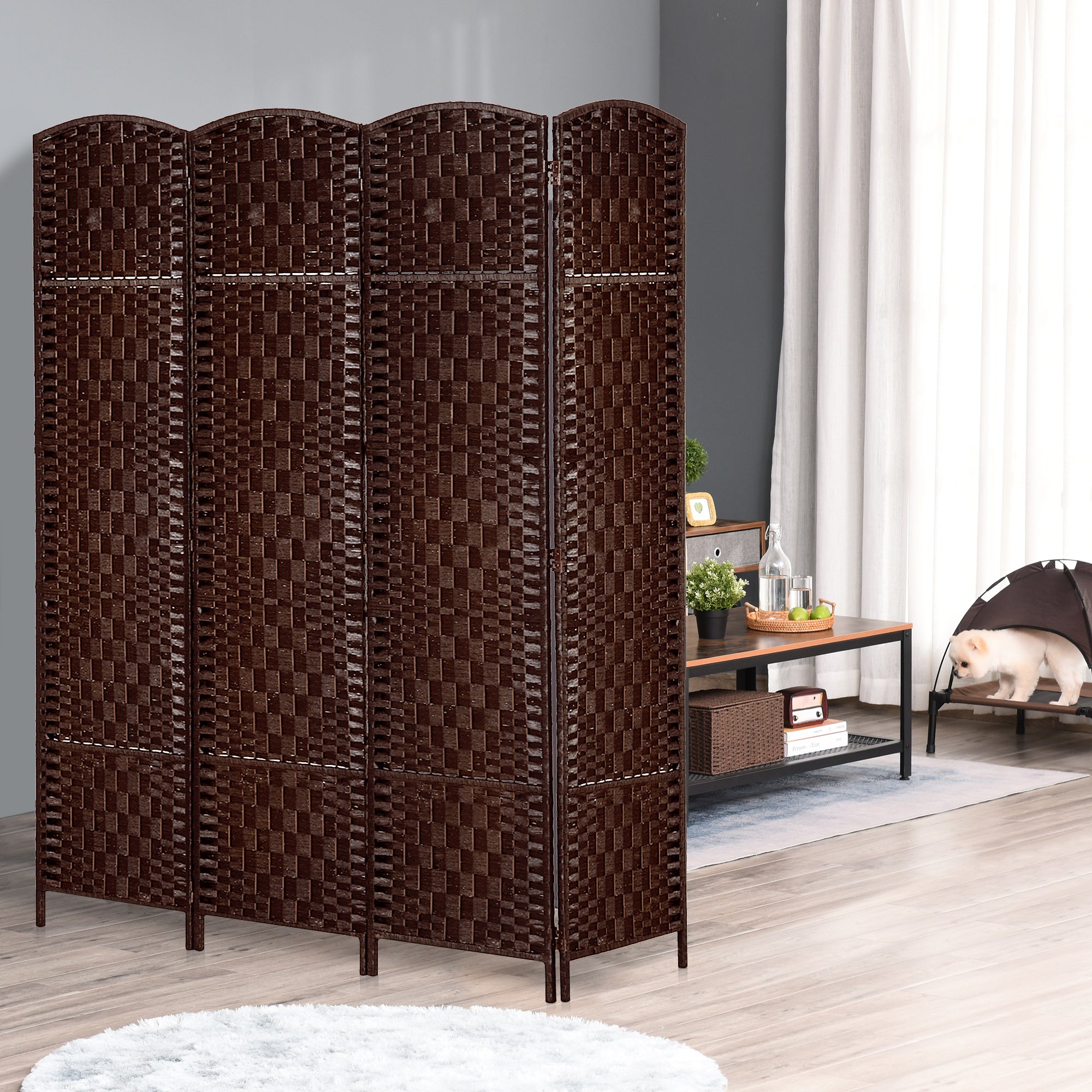 HOMCOM 4 Panels Room Divider, 6 Ft Tall Indoor Portable Folding Privacy Screens, Hand-Woven Double Hinged Freestanding Partition Wall Divider for Home Office, Brown