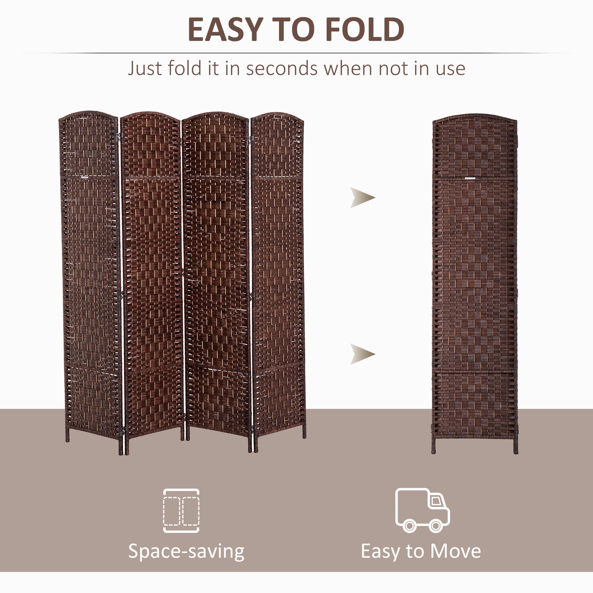 HOMCOM 4 Panels Room Divider, 6 Ft Tall Indoor Portable Folding Privacy Screens, Hand-Woven Double Hinged Freestanding Partition Wall Divider for Home Office, Brown