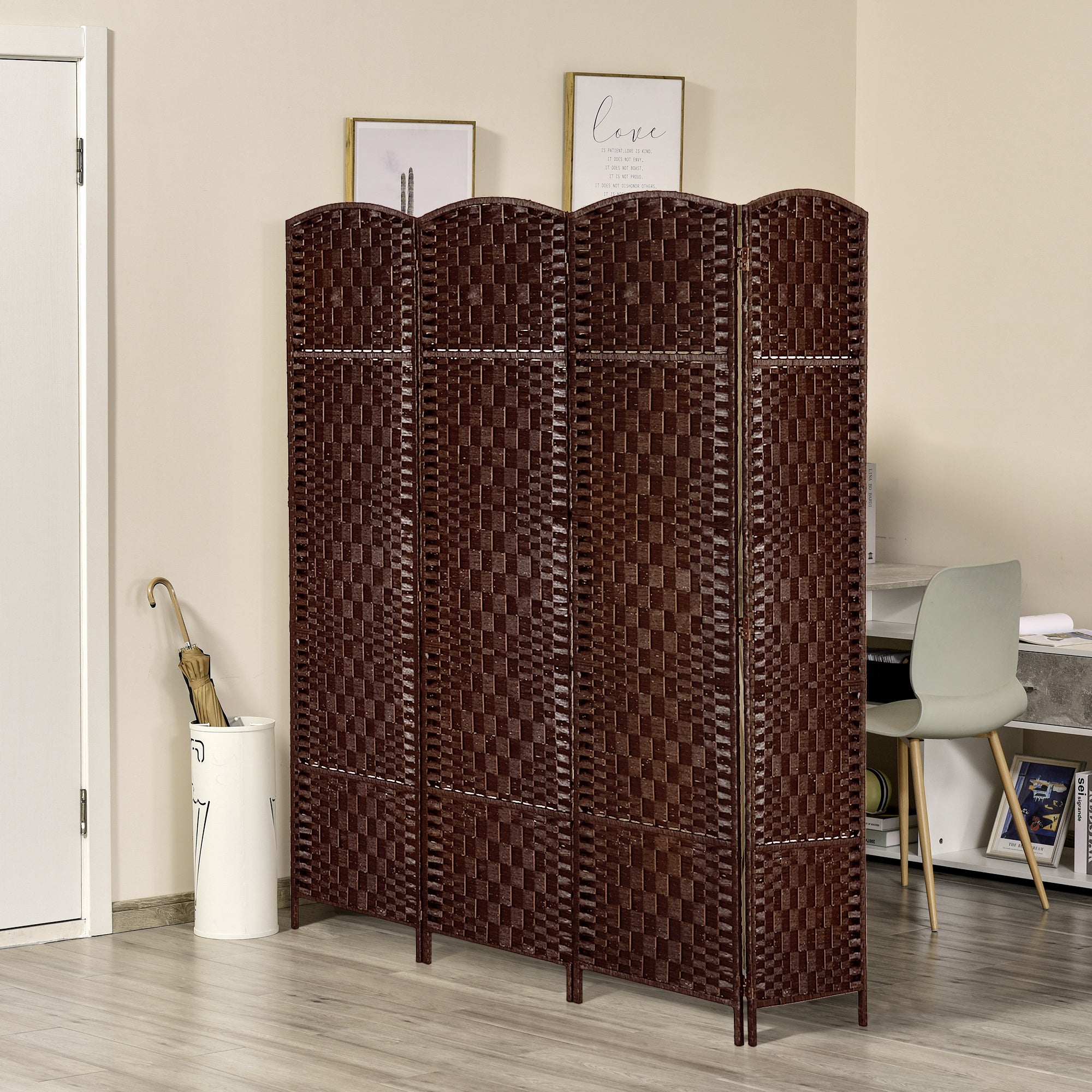 HOMCOM 4 Panels Room Divider, 6 Ft Tall Indoor Portable Folding Privacy Screens, Hand-Woven Double Hinged Freestanding Partition Wall Divider for Home Office, Brown