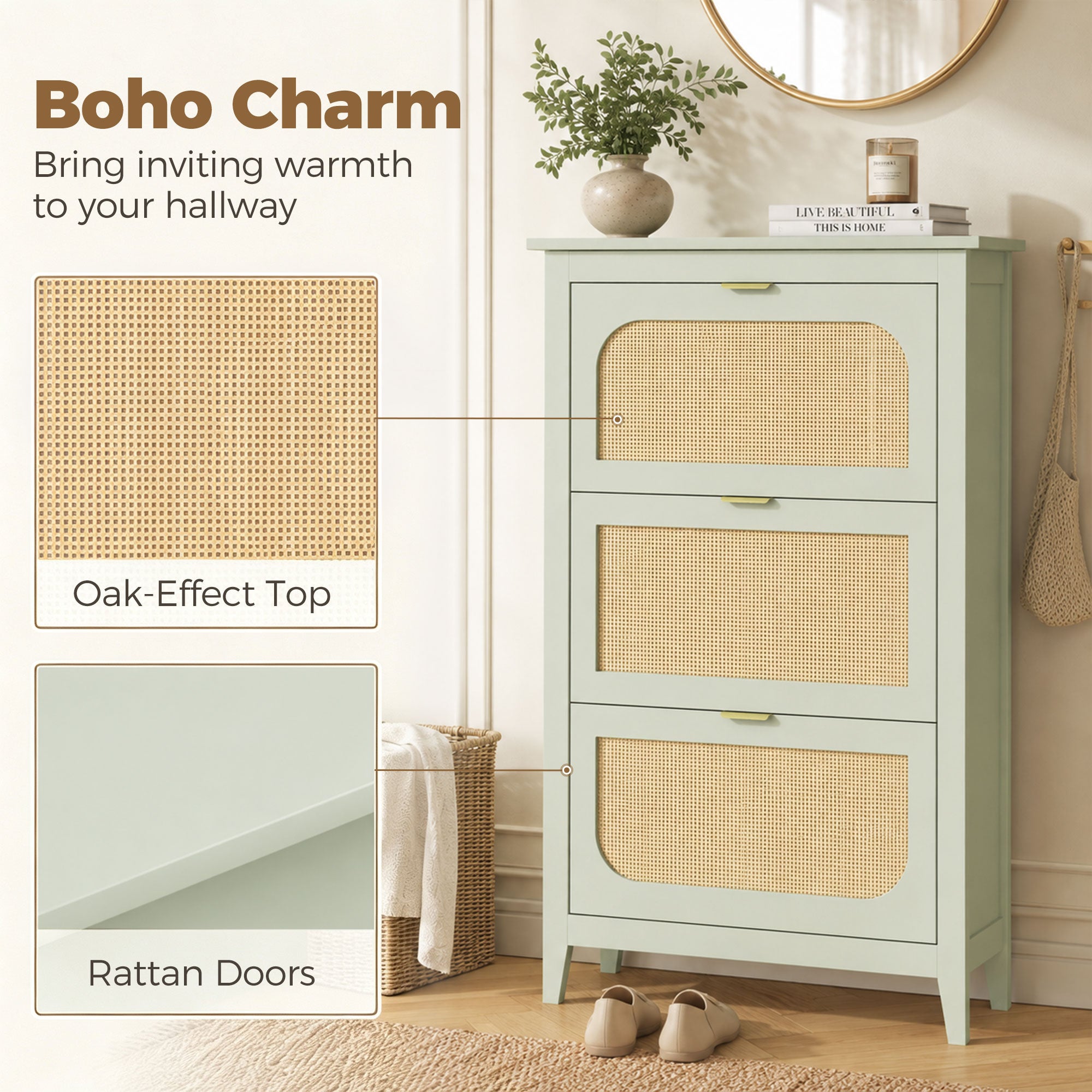 Shoe Storage Cabinet with 3 Flip Drawers, Boho Slim Shoe Cabinet with Rattan Doors for Entryway, Hallway, Holds 21 Pairs, Light Green