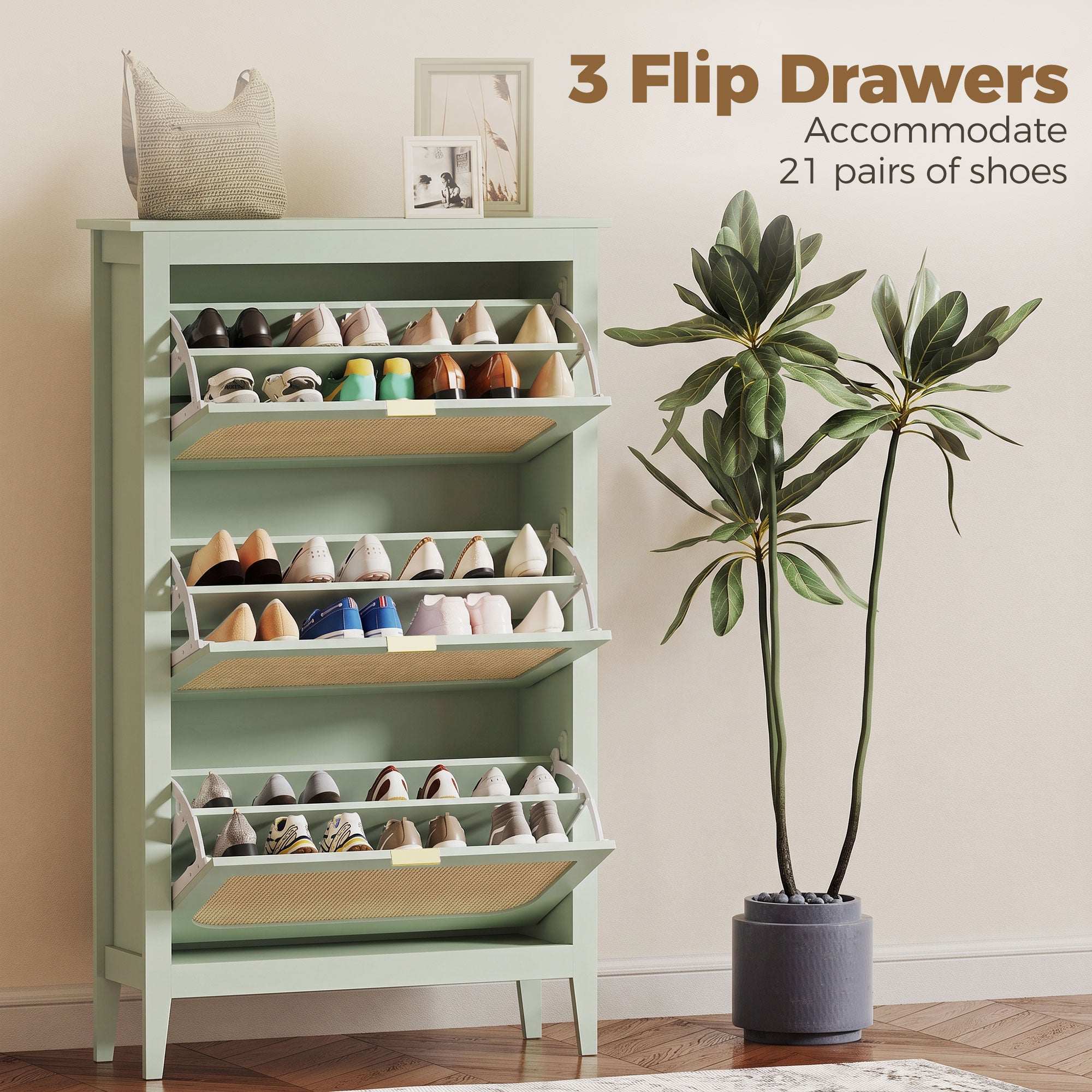 Shoe Storage Cabinet with 3 Flip Drawers, Boho Slim Shoe Cabinet with Rattan Doors for Entryway, Hallway, Holds 21 Pairs, Light Green