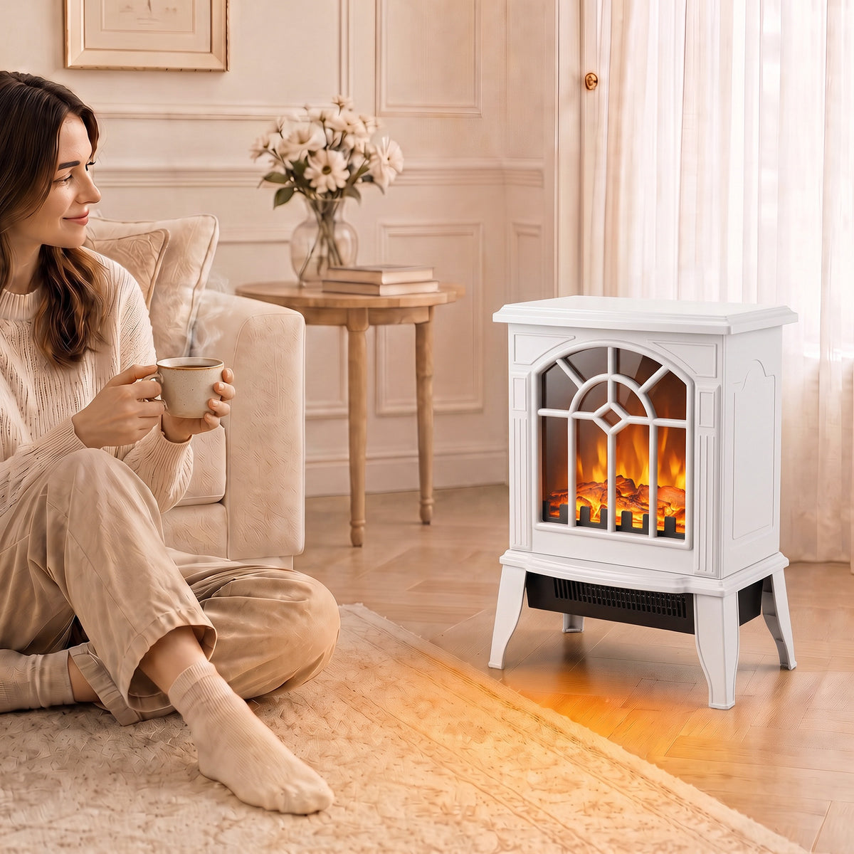 Freestanding Electric Fireplace, Electric Log Burner with LED Flame Effect, Overheating Safety System, 1000W/2000W, White