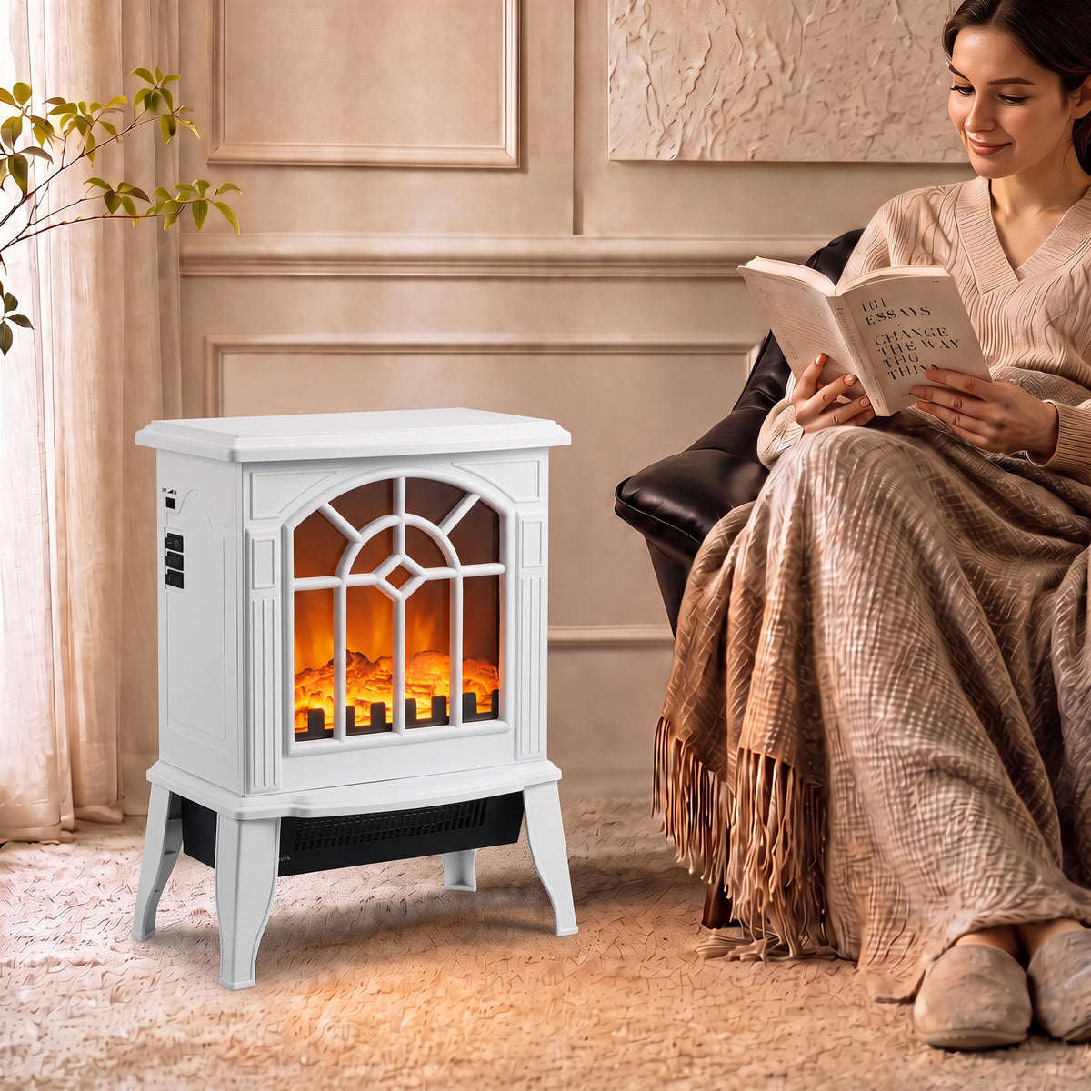 Freestanding Electric Fireplace, Electric Log Burner with LED Flame Effect, Overheating Safety System, 1000W/2000W, White