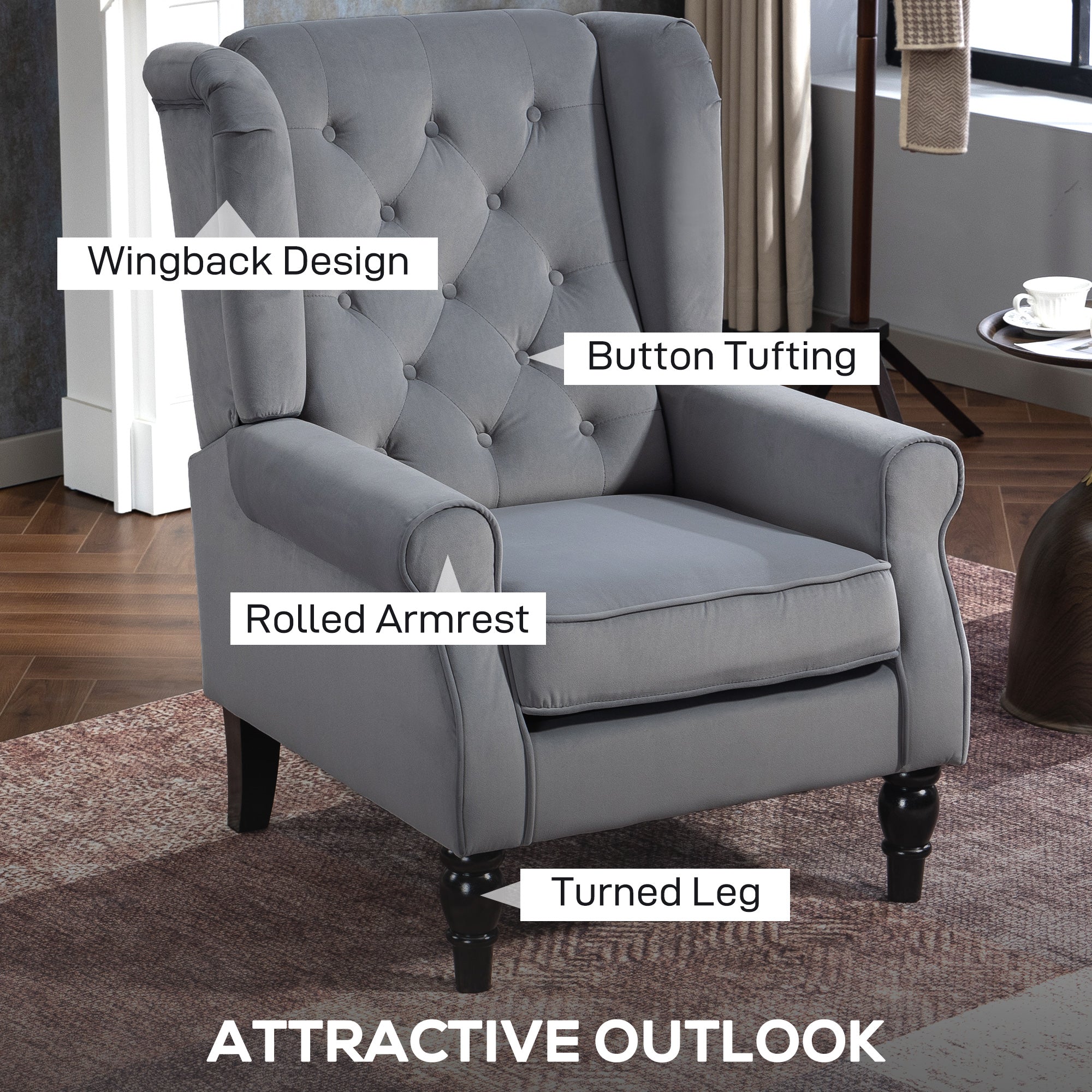 Retro Accent Chair, Velvet Wingback Armchair with Wood Frame Button Tufted Design for Living Room Bedroom, Light Grey