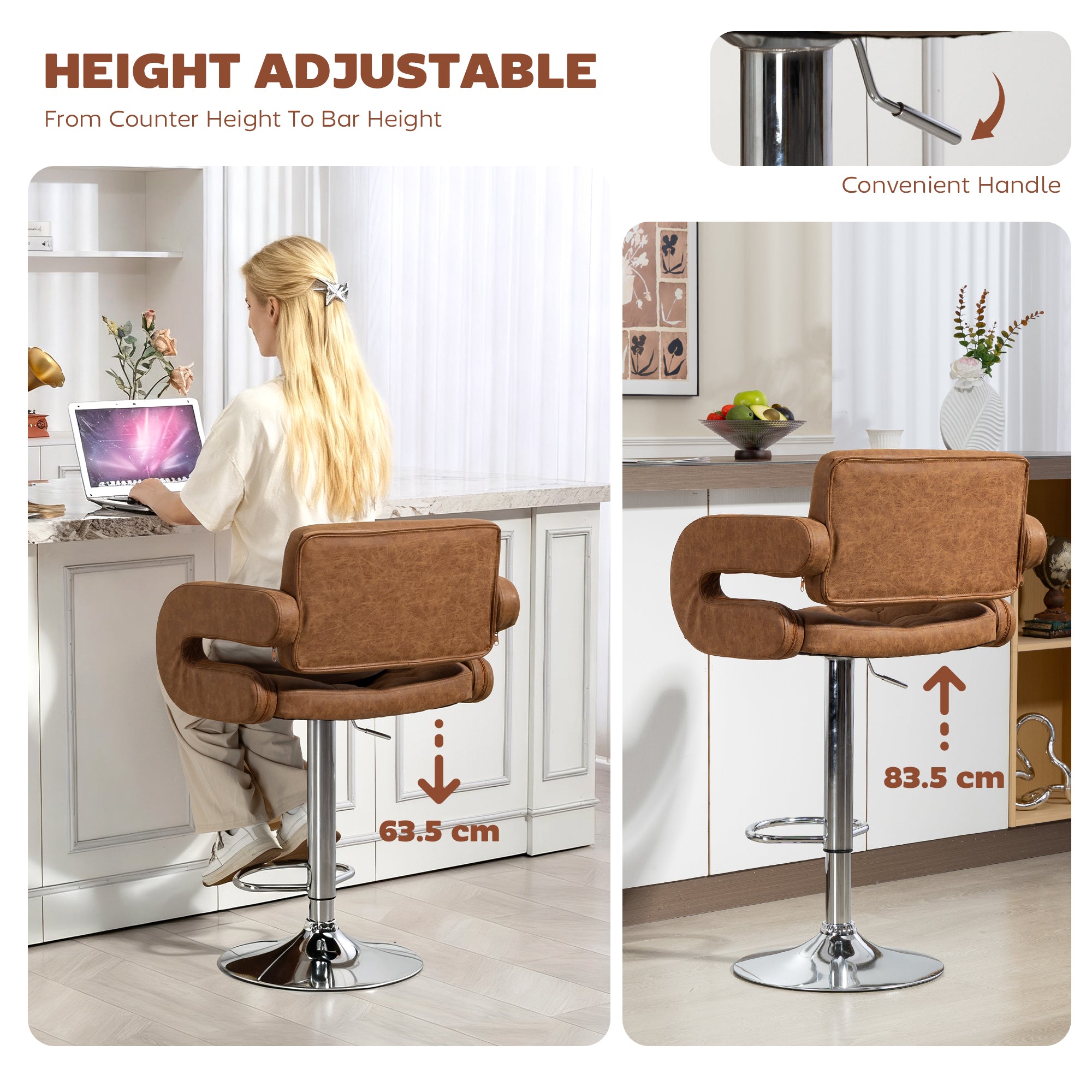 Swivel Bar Stool with Extra Large Seat, PU Leather Upholstered Adjustable Barstool with Back, Arm and Footrest, Breakfast Bar Chair for Bistro, Kitchen, Brown