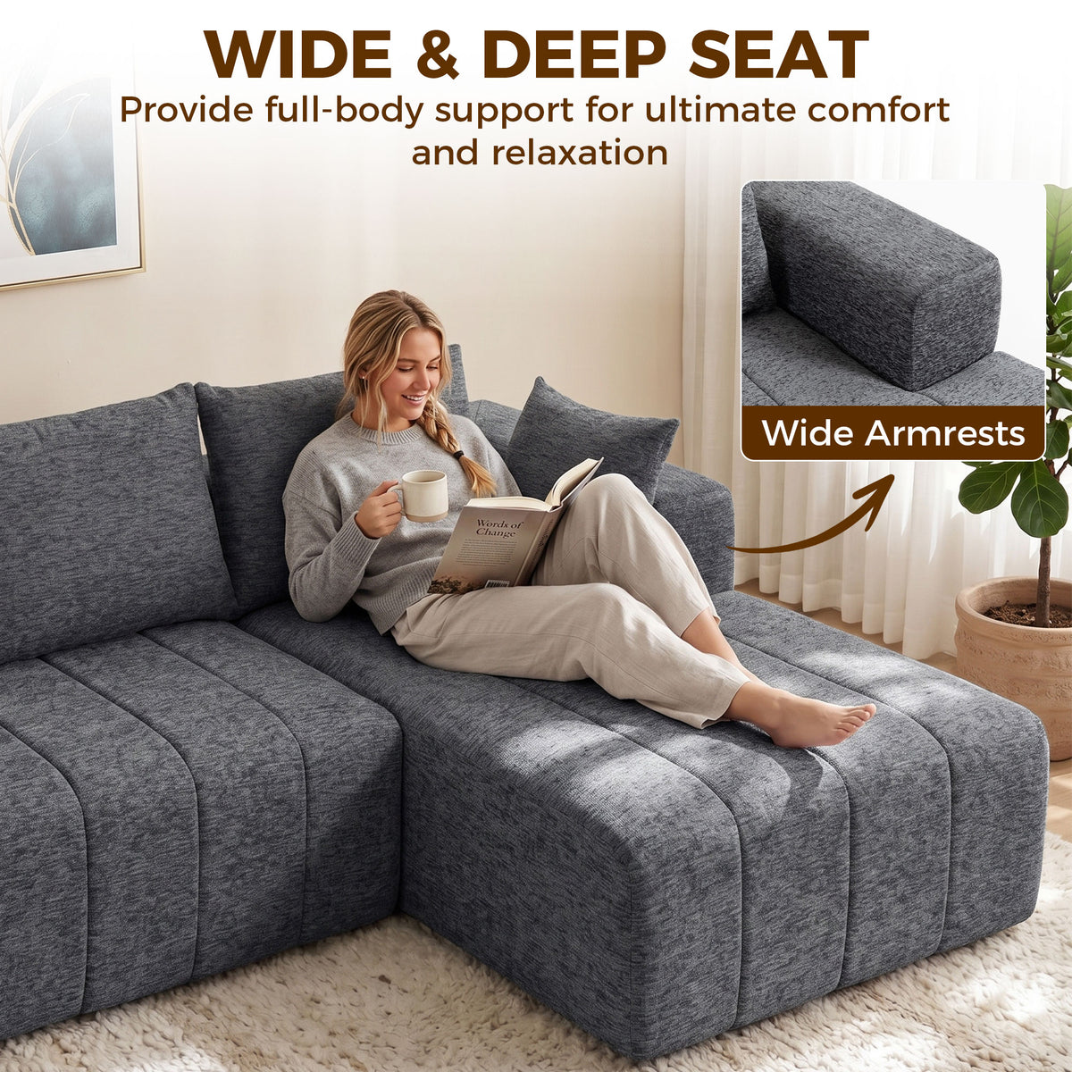 101" Modular Sectional Sofa with Chaise, Chenille Boneless Cloud Sofa Bed, 3 Seater L-Shaped Couch with Spring Cushion, Wide and Deep Seat, Wide Arms, No Assembly, Grey