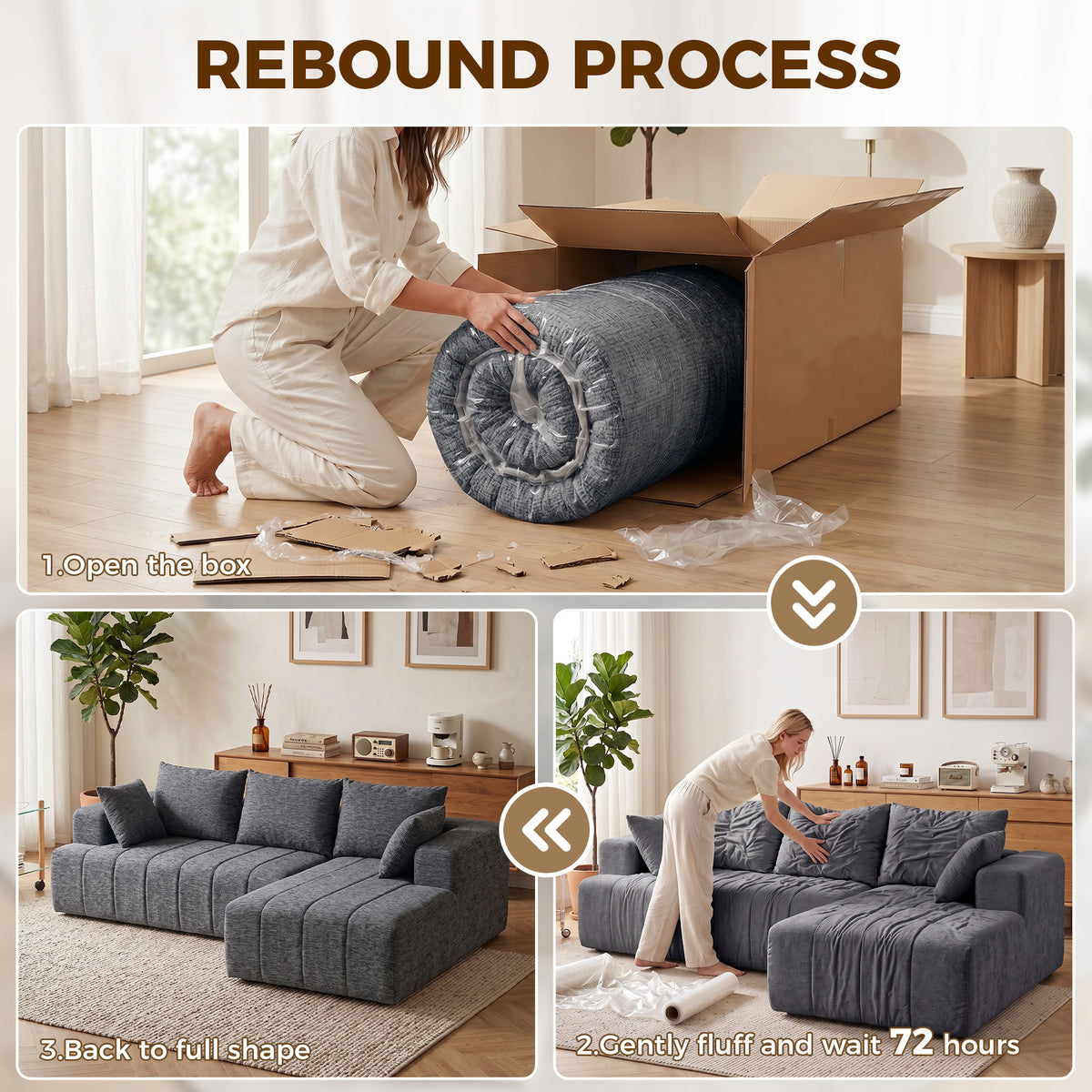 101" Modular Sectional Sofa with Chaise, Chenille Boneless Cloud Sofa Bed, 3 Seater L-Shaped Couch with Spring Cushion, Wide and Deep Seat, Wide Arms, No Assembly, Grey