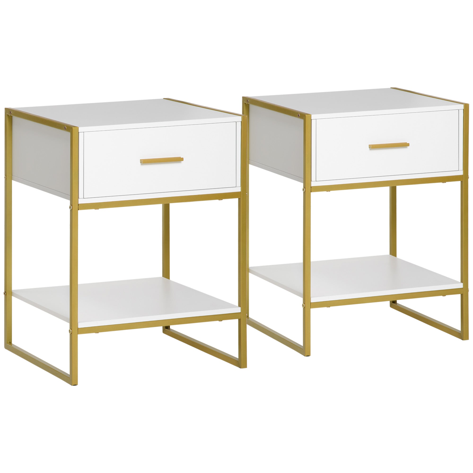HOMCOM Bedside Table Set of 2, Modern Side Table with Drawer and Shelf, Nightstand for Bedroom, White