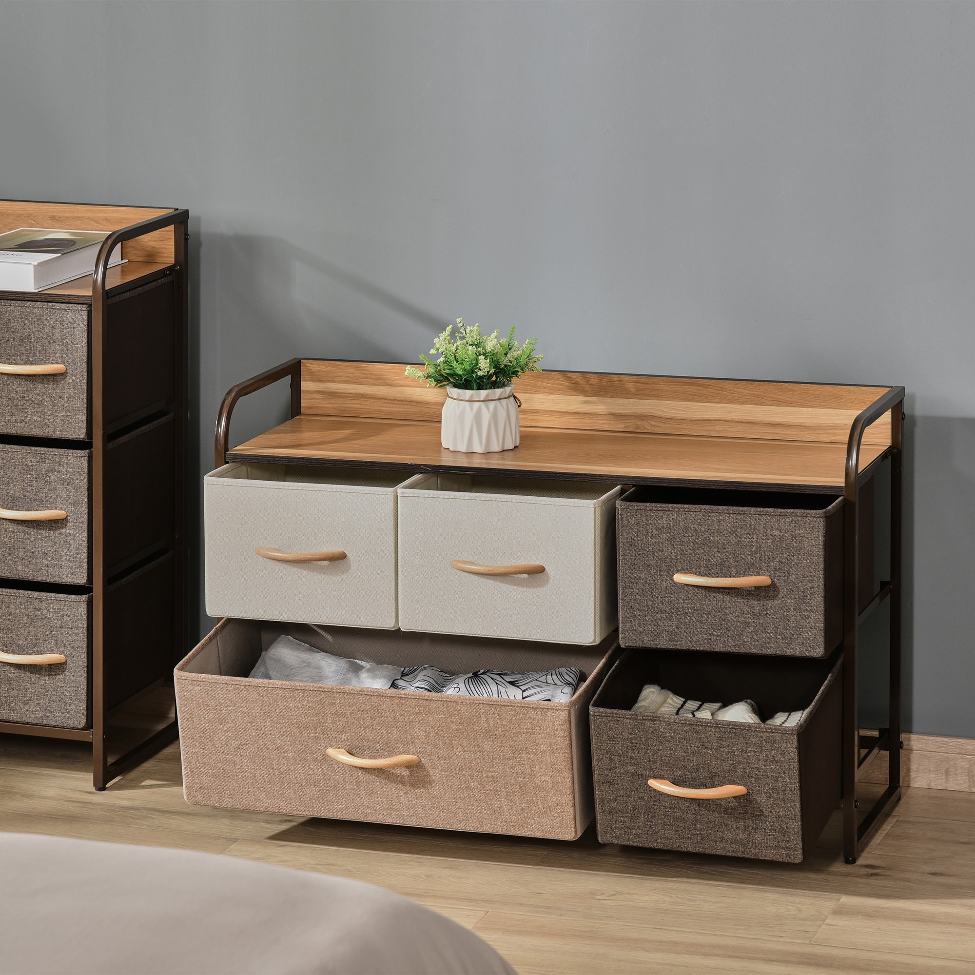 5-Drawer Dresser, Fabric Chest of Drawers, 2-Tier Storage Organizer for Bedroom Entryway, Tower Unit with Steel Frame Wooden Top, Maple Wood