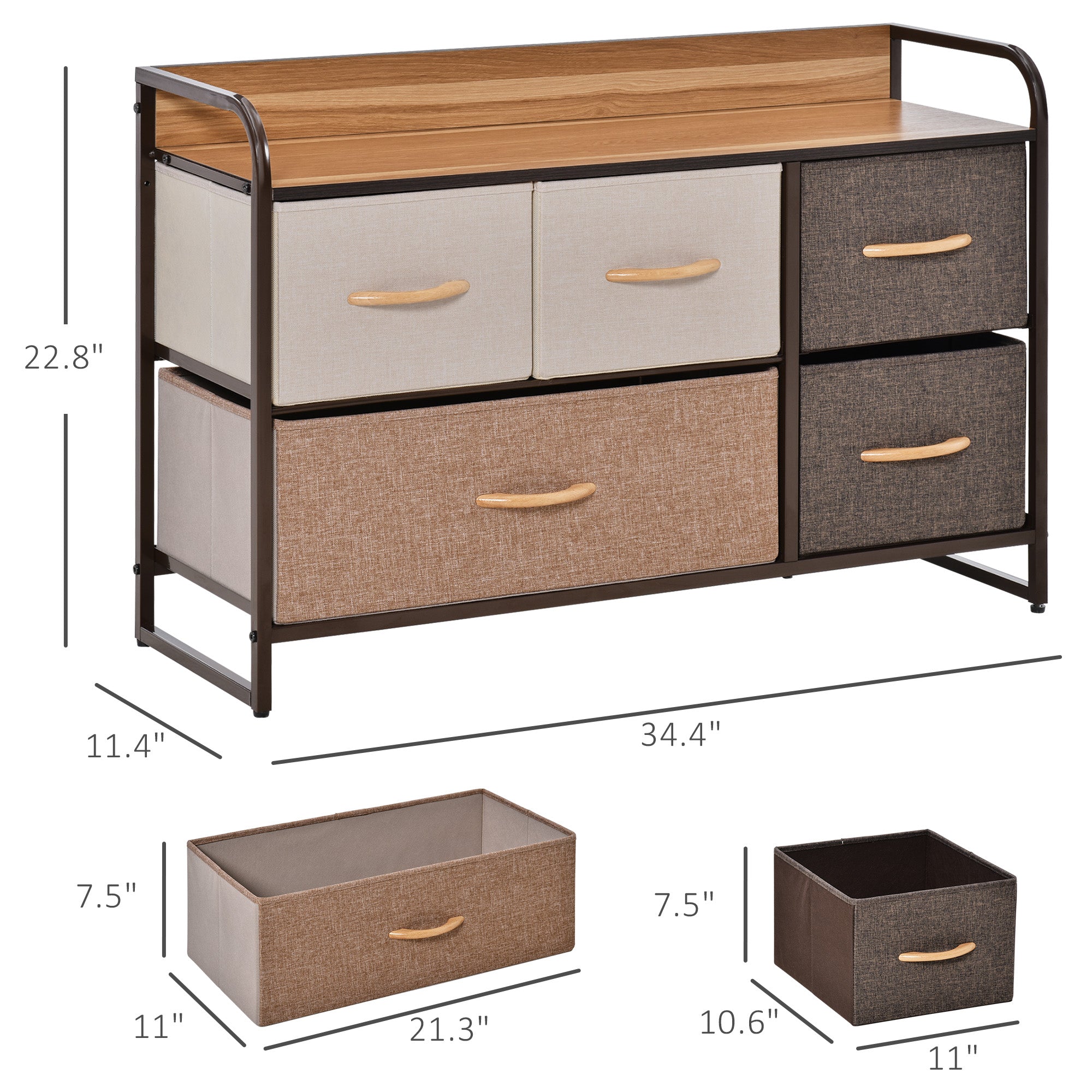 5-Drawer Dresser, Fabric Chest of Drawers, 2-Tier Storage Organizer for Bedroom Entryway, Tower Unit with Steel Frame Wooden Top, Maple Wood
