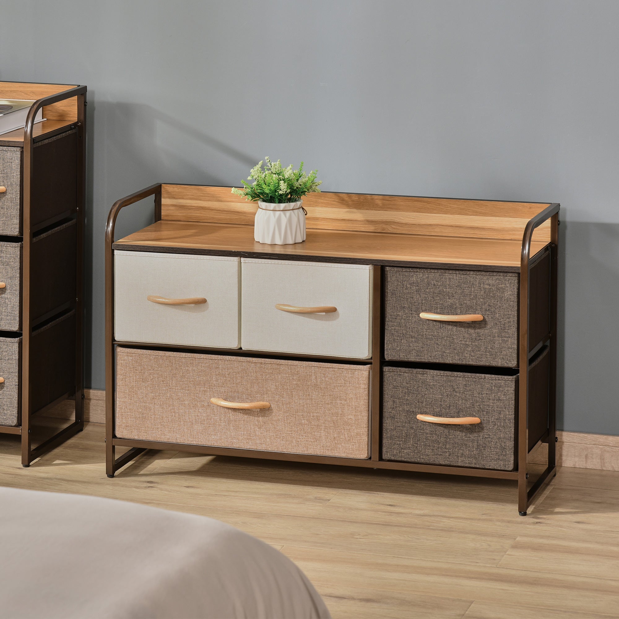 5-Drawer Dresser, Fabric Chest of Drawers, 2-Tier Storage Organizer for Bedroom Entryway, Tower Unit with Steel Frame Wooden Top, Maple Wood