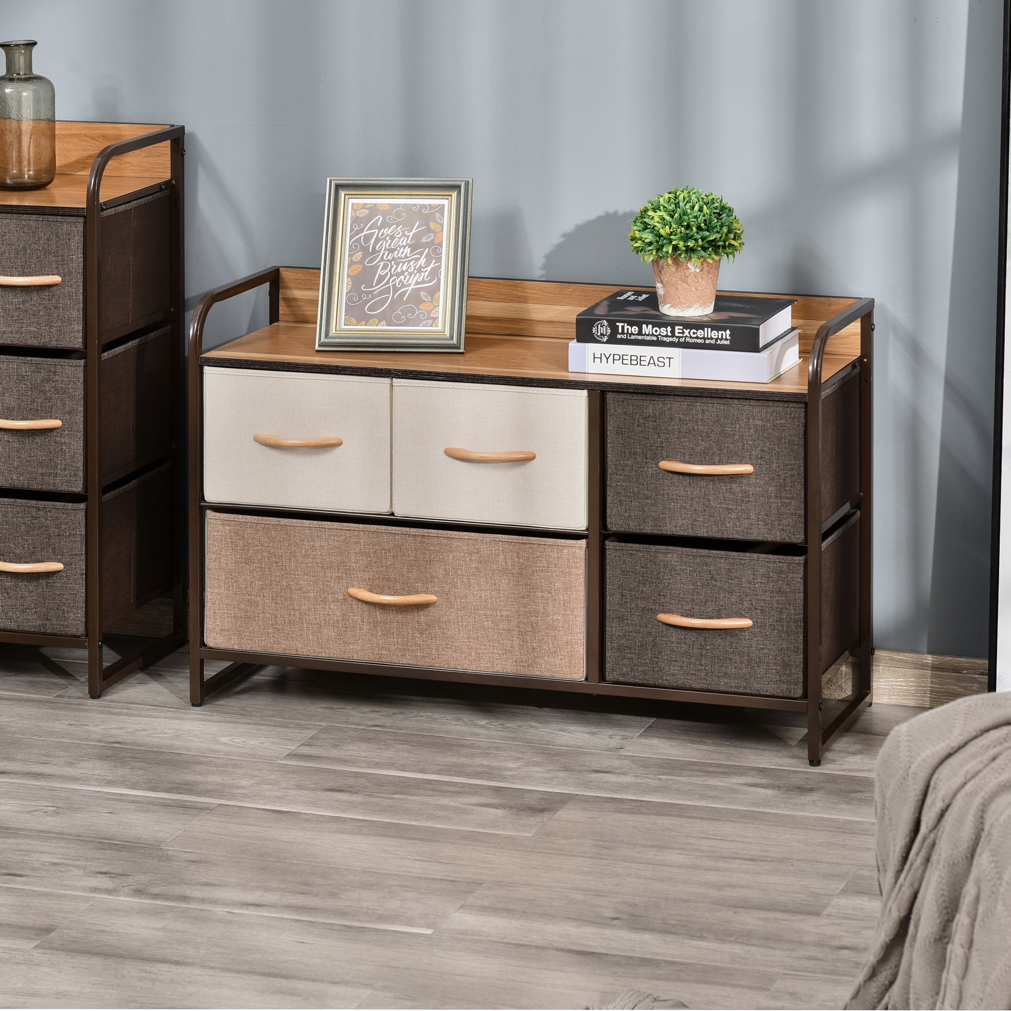HOMCOM 5-Drawer Dresser, Fabric Chest of Drawers, 2-Tier Storage Tower with Steel Frame and Wooden Top for Bedroom, Nursery Room, Multicoloured