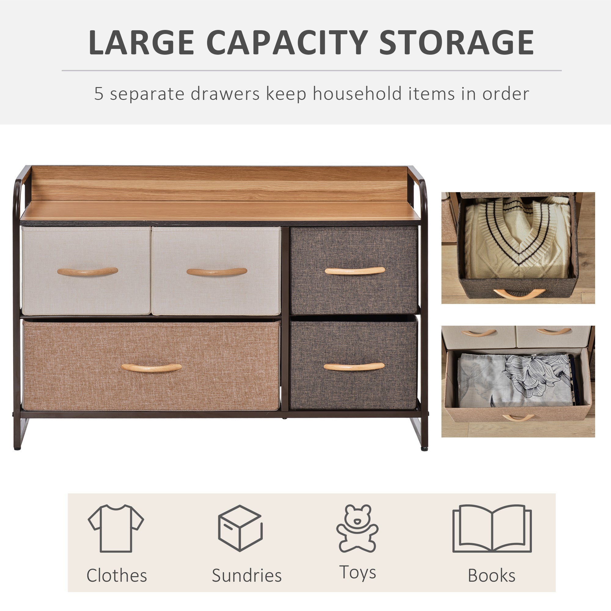 HOMCOM 5-Drawer Dresser, Fabric Chest of Drawers, 2-Tier Storage Tower with Steel Frame and Wooden Top for Bedroom, Nursery Room, Multicoloured