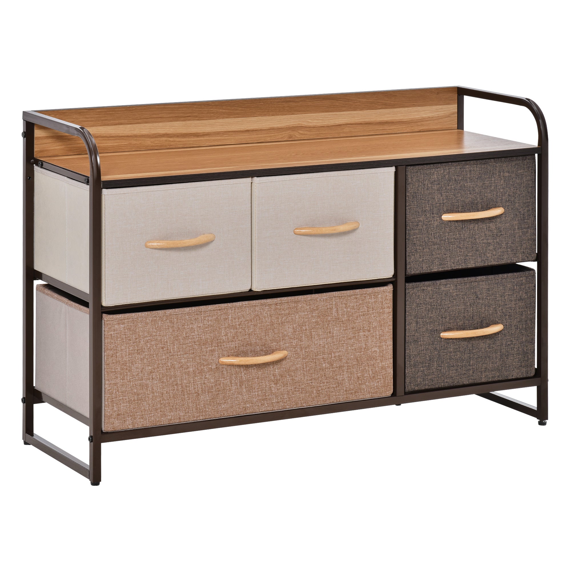 HOMCOM 5-Drawer Dresser, Fabric Chest of Drawers, 2-Tier Storage Tower with Steel Frame and Wooden Top for Bedroom, Nursery Room, Multicoloured