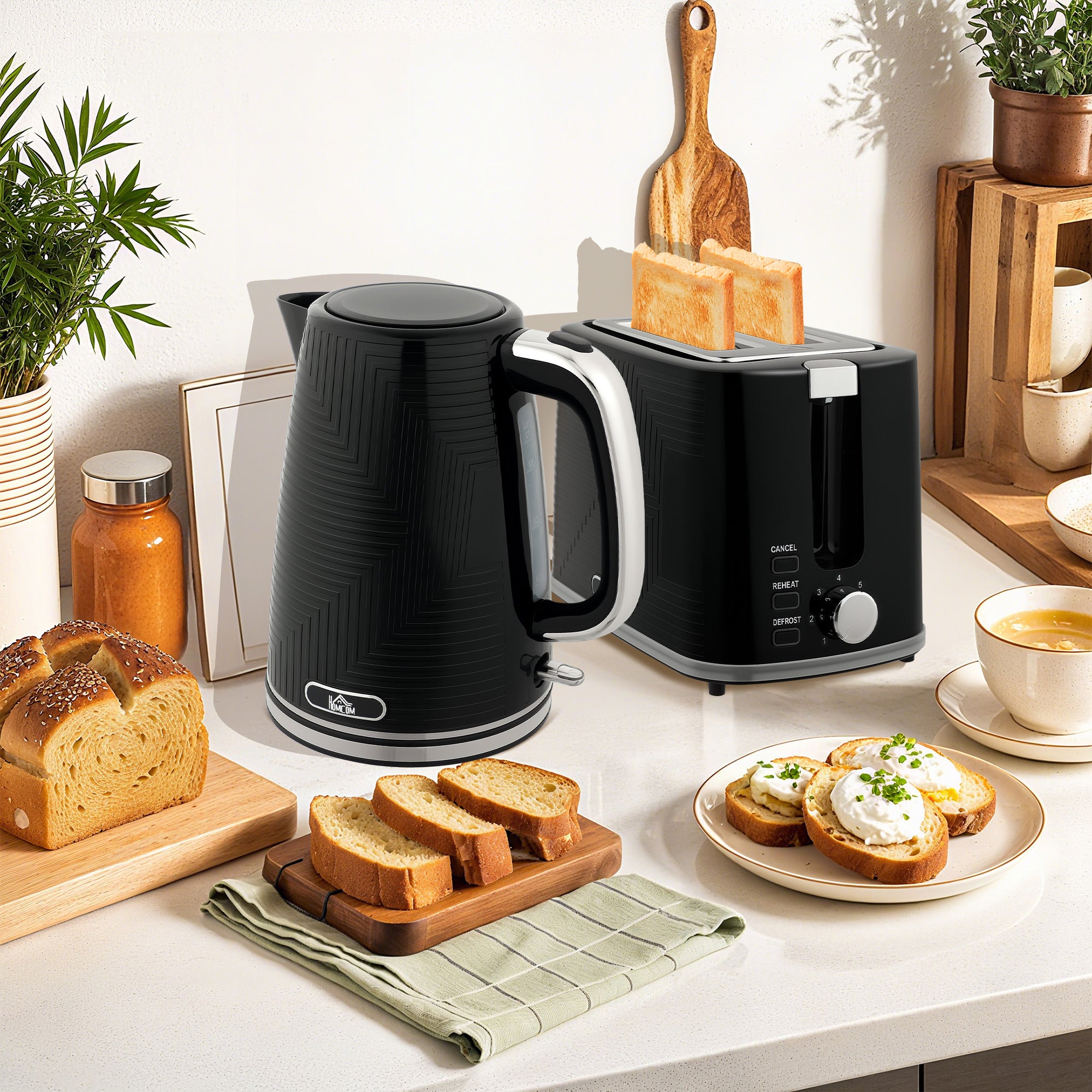 Kettle and Toaster Set, 1.7L 3000W Rapid Boil Jug Kettle with Otter Thermostat, Limescale Filter, 2 Slice Toaster with 7 Browning Controls, Crumb Tray, Black
