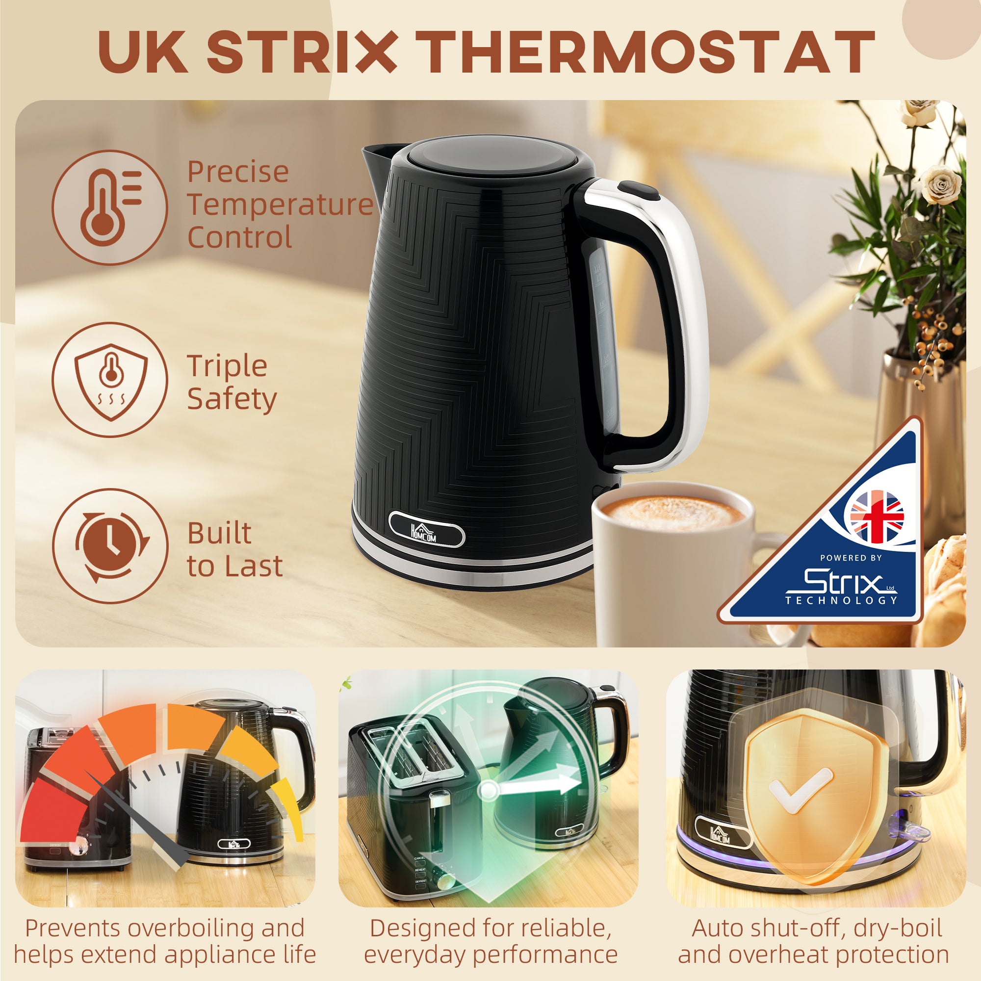 Kettle and Toaster Set, 1.7L 3000W Rapid Boil Jug Kettle with Otter Thermostat, Limescale Filter, 2 Slice Toaster with 7 Browning Controls, Crumb Tray, Black